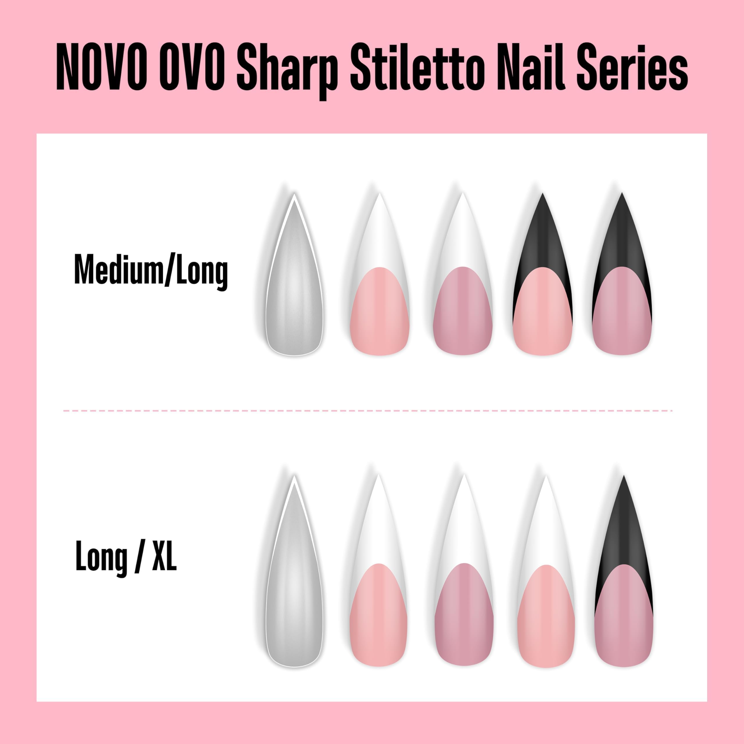 NOVO OVO White French Tip Long XL Sharp Stiletto Nail Tips – Baby Pink Press-On Nails, Soft Gel, 160 pcs, 16 Sizes