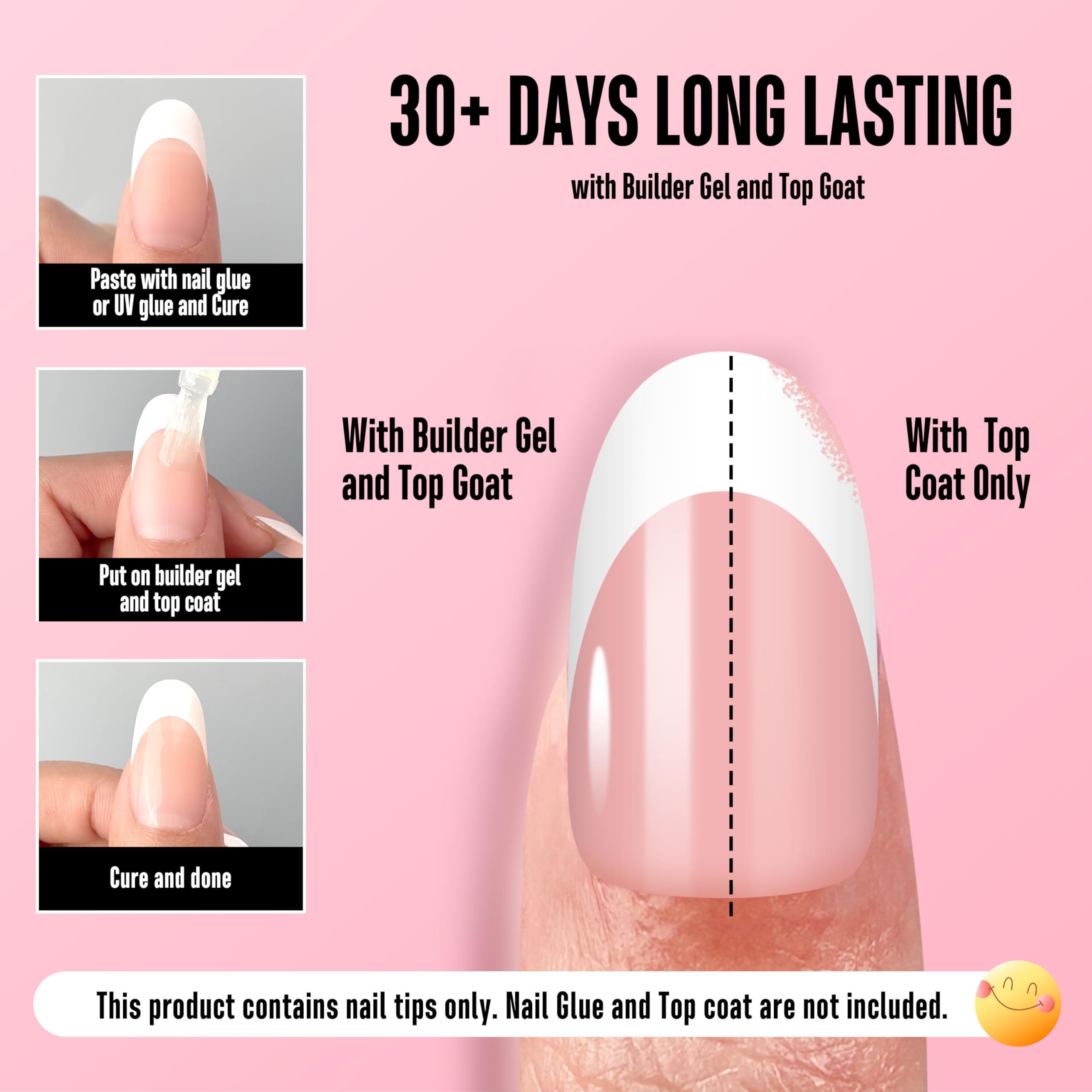 NOVO OVO White French Tip Oval Nail Tips – Baby Pink Press-On, Extra Thick Soft Gel, 240 pcs, 15 Sizes