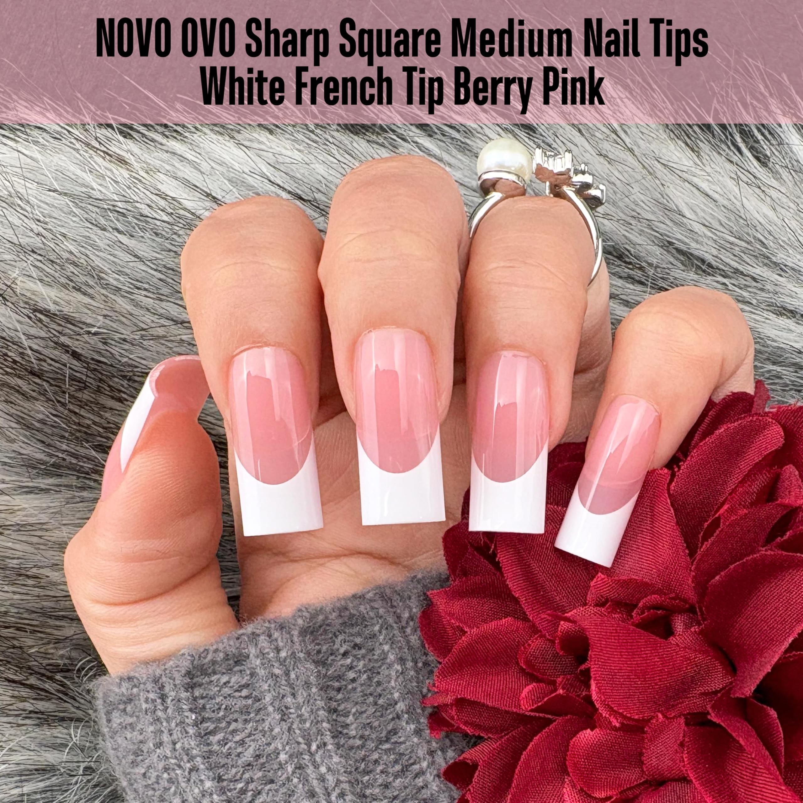 NOVO OVO Berry Pink French Tip Nails | Medium Sharp Square Press-On (180 pc) with Builder Gel & Top Coat