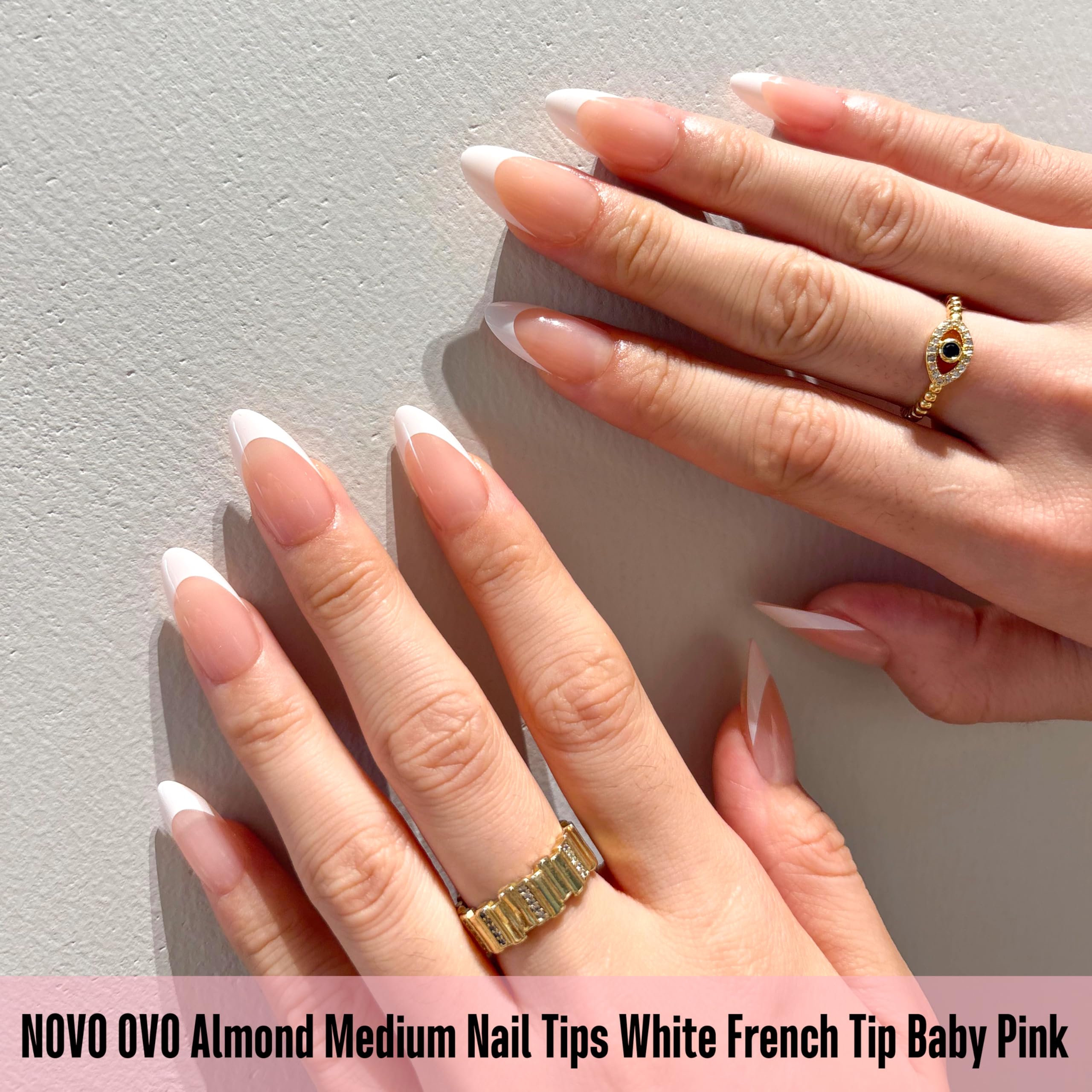 NOVO OVO White French Tip Almond Nails – Baby Pink Press On Tips, Extra Thick Soft Gel, 240 pcs, 15 Sizes