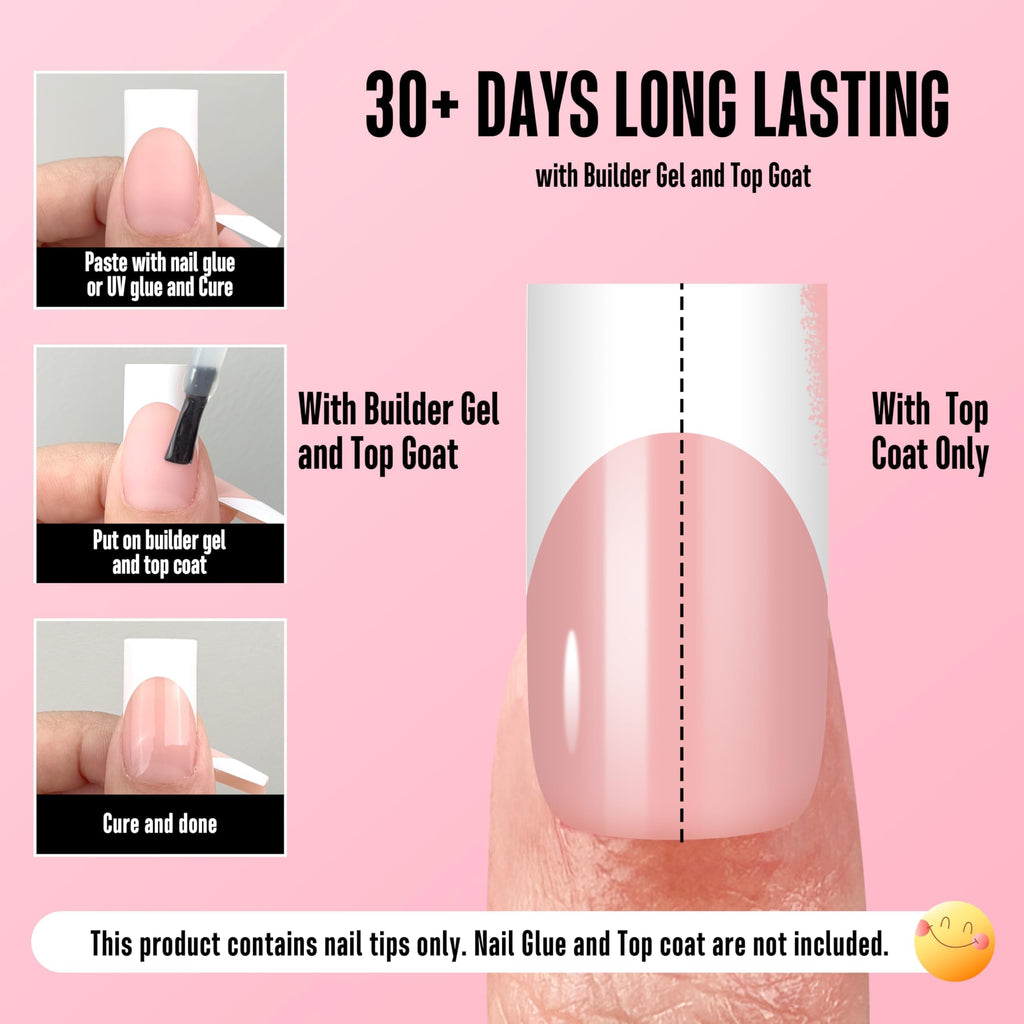 NOVO OVO Medium Sharp Square White French Tip Nail Tips – Baby Pink, Extra Thick Builder Gel & Top Coat, 180 pc