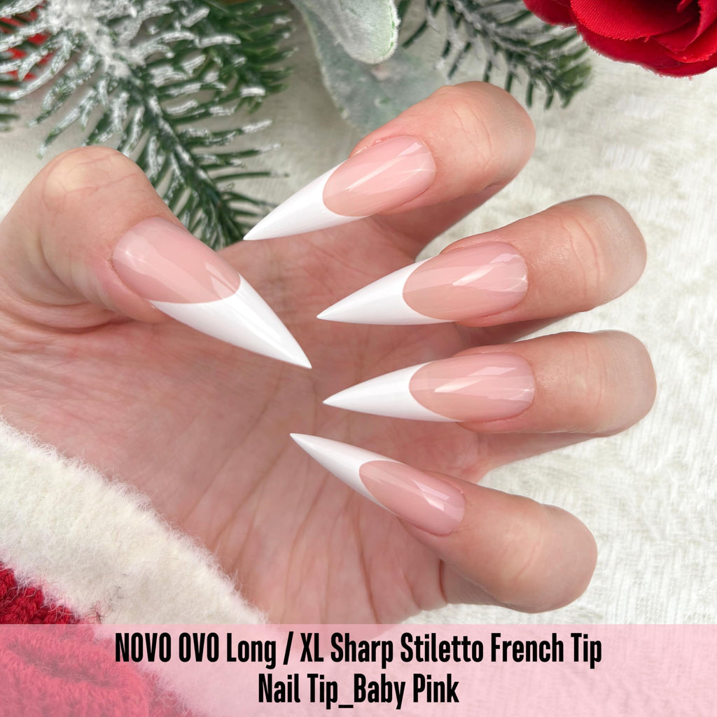 NOVO OVO White French Tip Long XL Sharp Stiletto Nail Tips – Baby Pink Press-On Nails, Soft Gel, 160 pcs, 16 Sizes