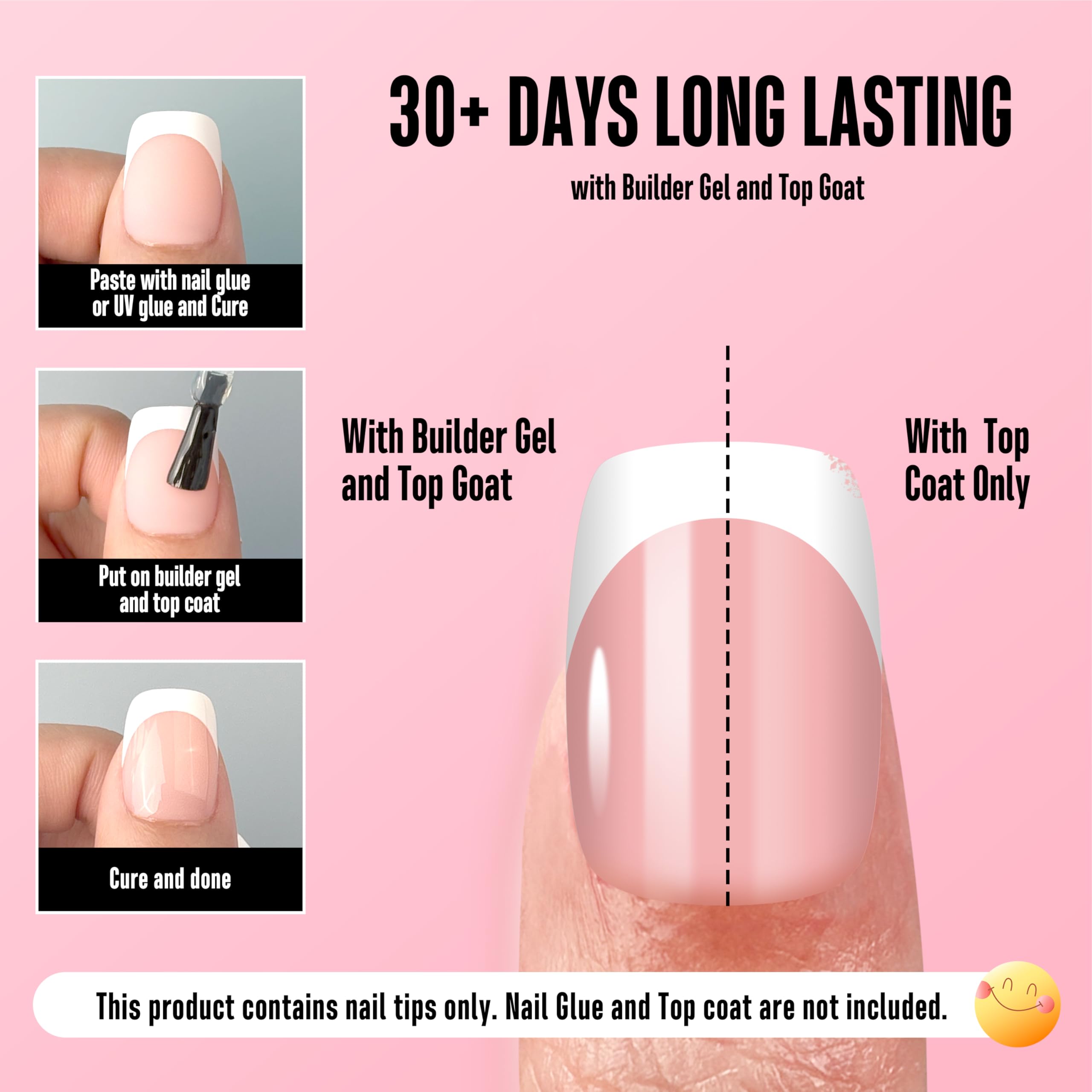 NOVO OVO Short Square Round White French Tip Nail Tips Baby Pink – Extra Thick Full Cover, 240 pcs, 15 Sizes