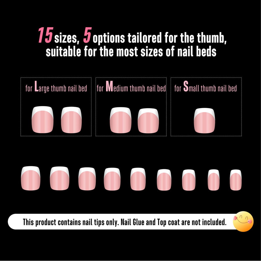 NOVO OVO Short Square Round White French Tip Nail Tips Baby Pink – Extra Thick Full Cover, 240 pcs, 15 Sizes