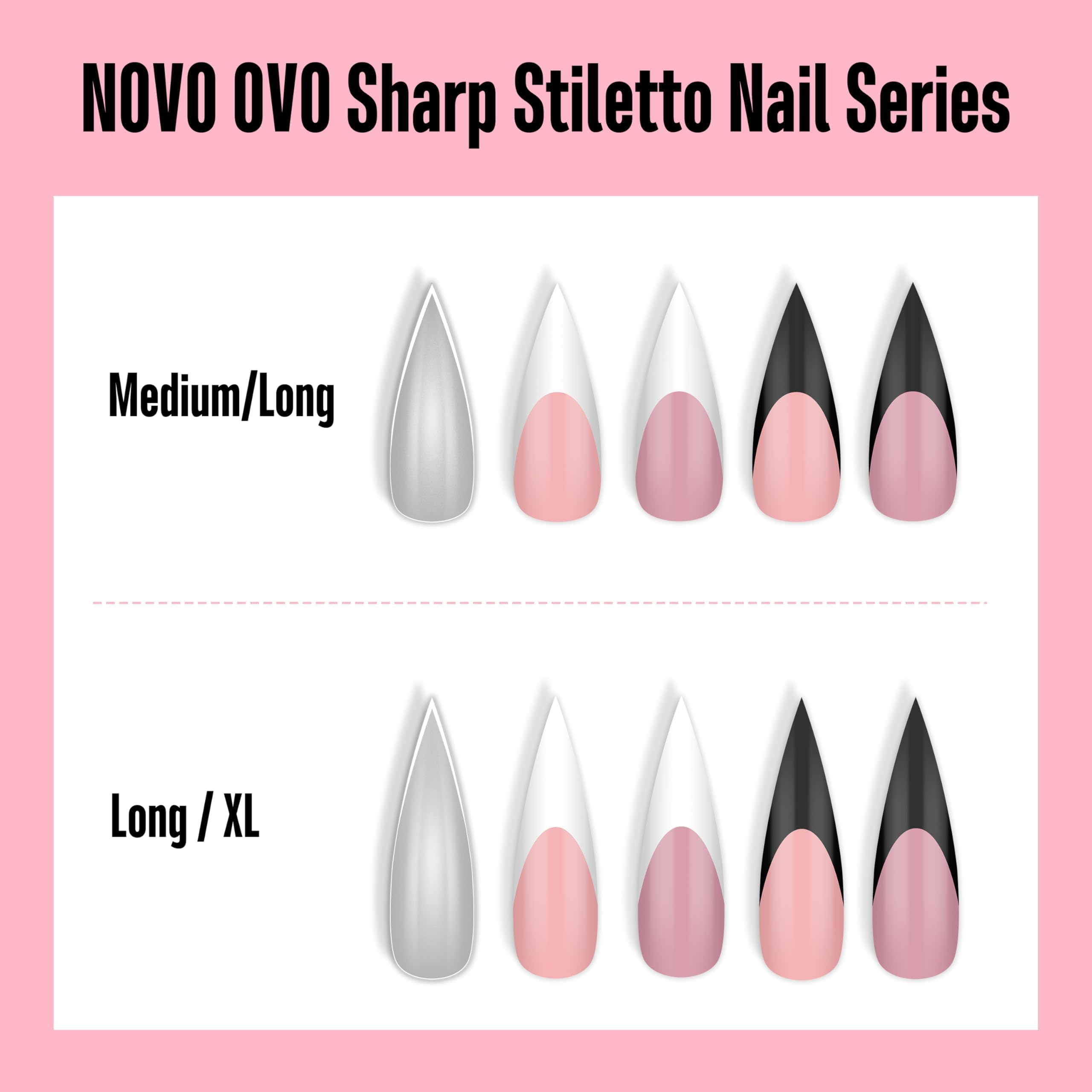 NOVO OVO Sharp Stiletto Nail Tips — Soft Gel, Full-Cover, 224 pcs, 16 Sizes