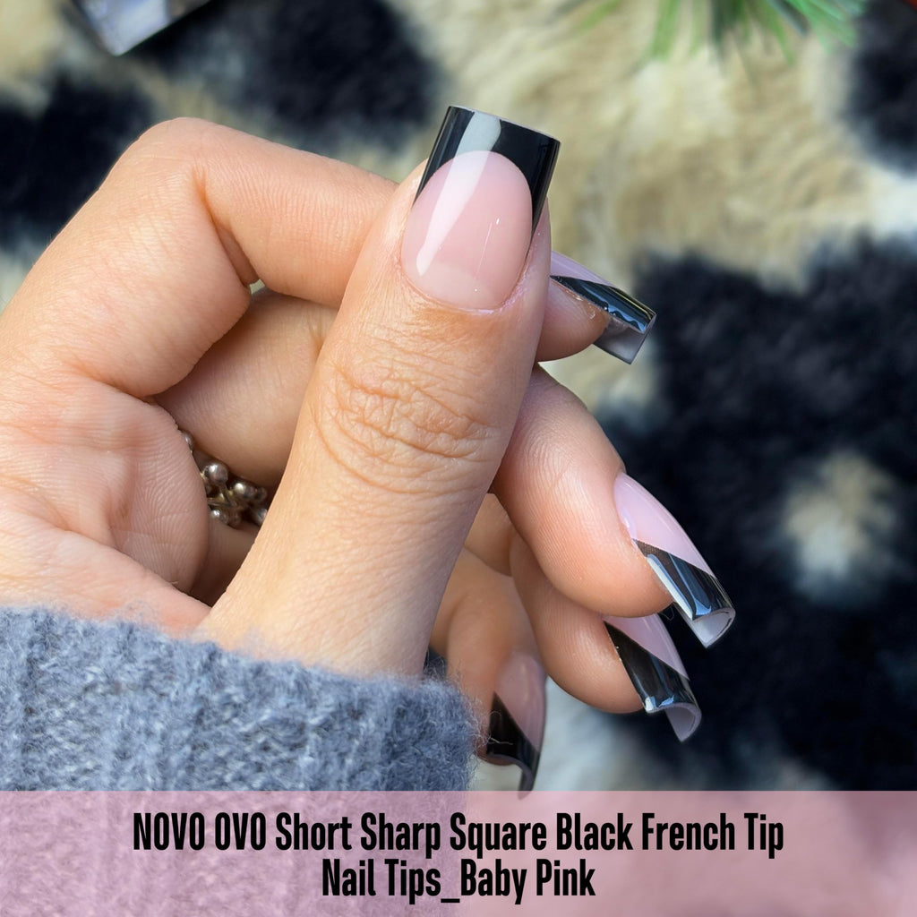 NOVO OVO Black French Tip Nails – Short Sharp Square, Baby Pink, 240 pcs, 15 Sizes