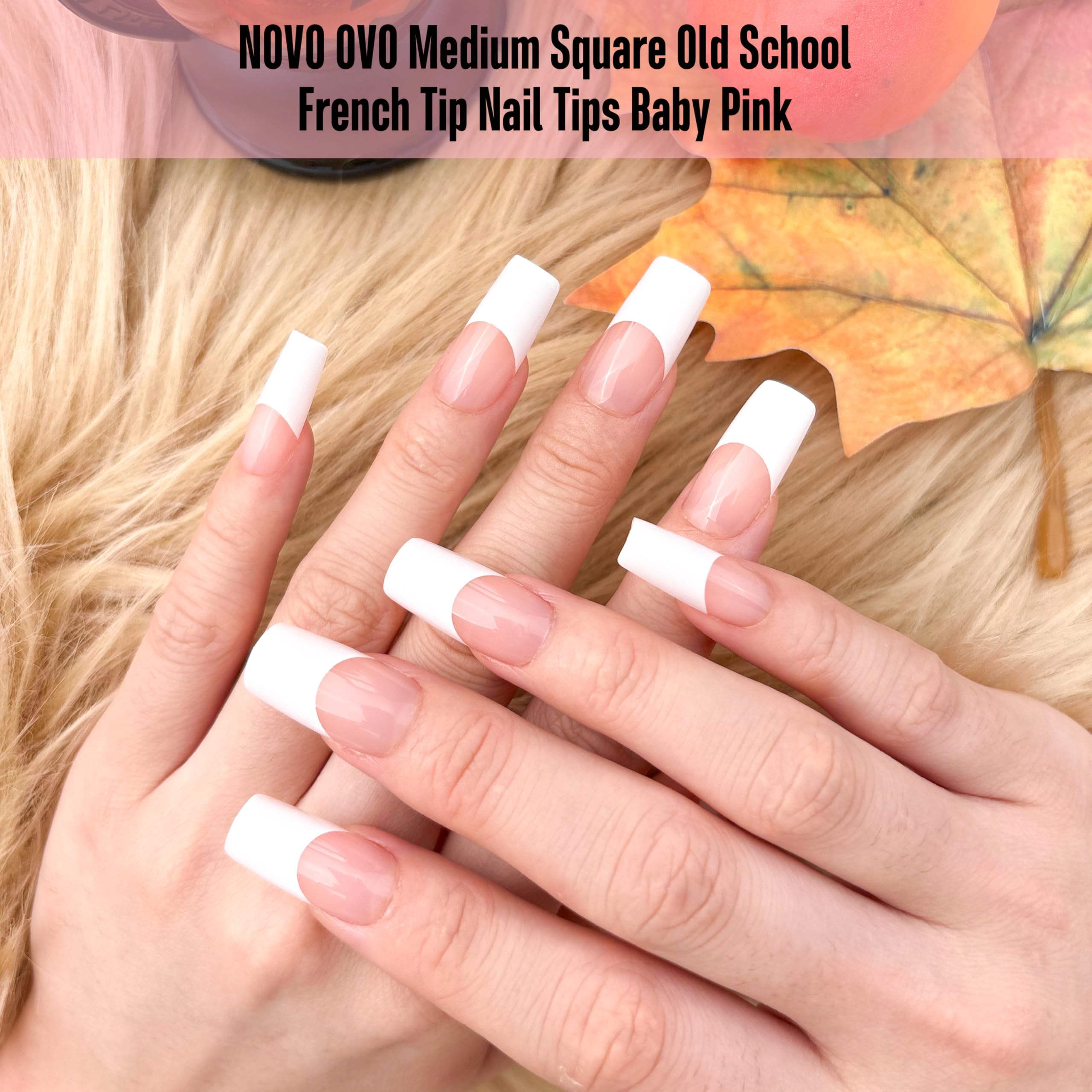 NOVO OVO Old School Wide White French Tip Nails – Press On, Baby Pink, 240 pcs, 15 Sizes