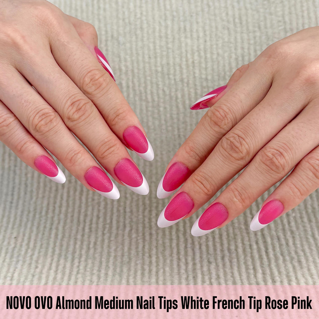 NOVO OVO White French Tip Almond Nail Tips – Rose Pink, Extra Thick Soft Gel Press-On (240 pcs)
