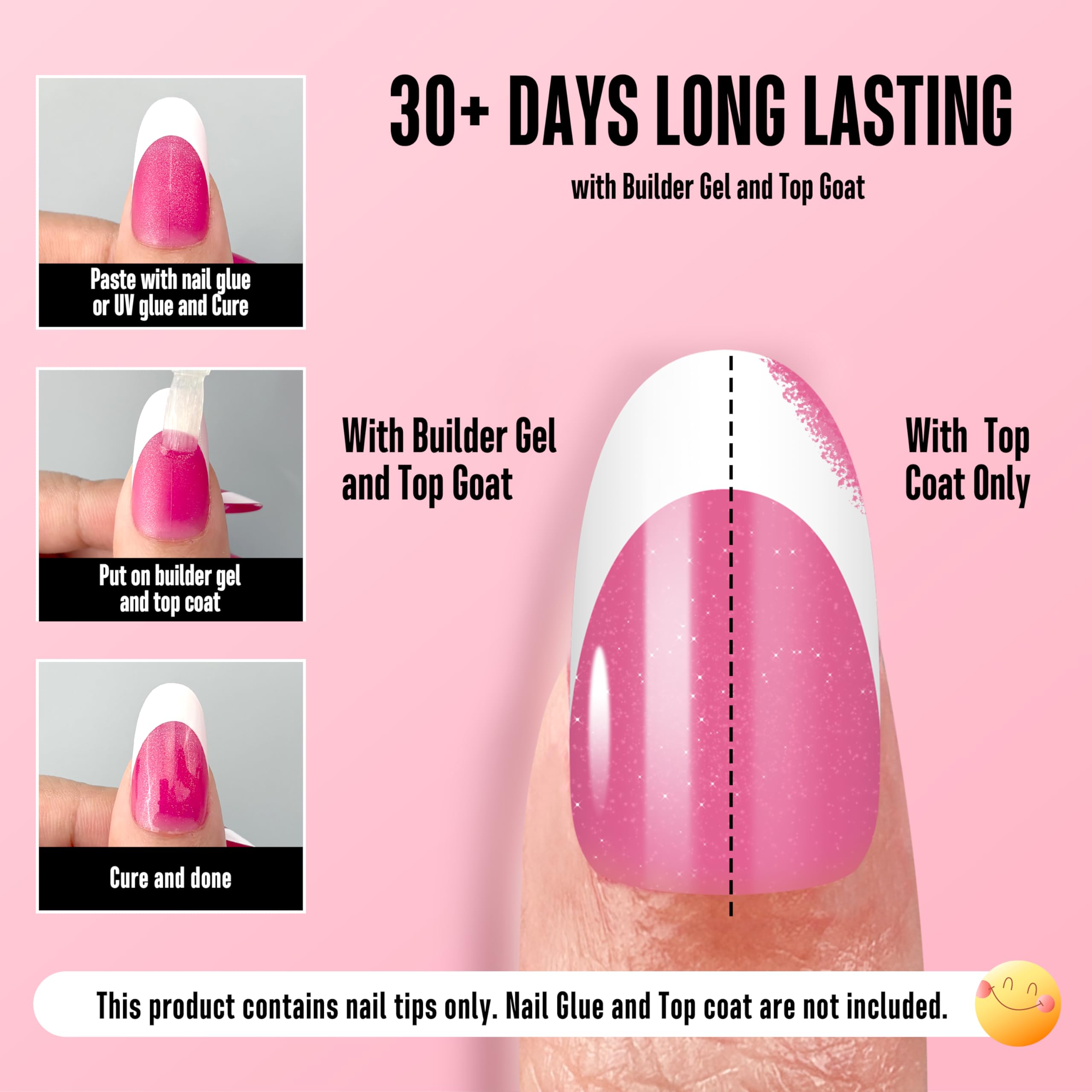 NOVO OVO White French Tip Oval Nail Tips – Rose Pink, Extra Thick Soft Gel, 15 Sizes, 240 pcs (No Glue Included)