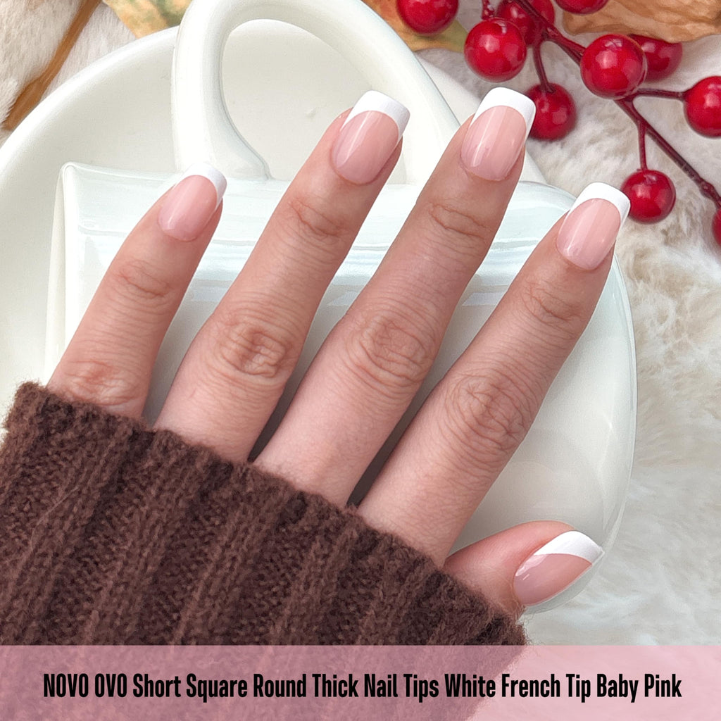 NOVO OVO Short Square Round White French Tip Nail Tips Baby Pink – Extra Thick Full Cover, 240 pcs, 15 Sizes