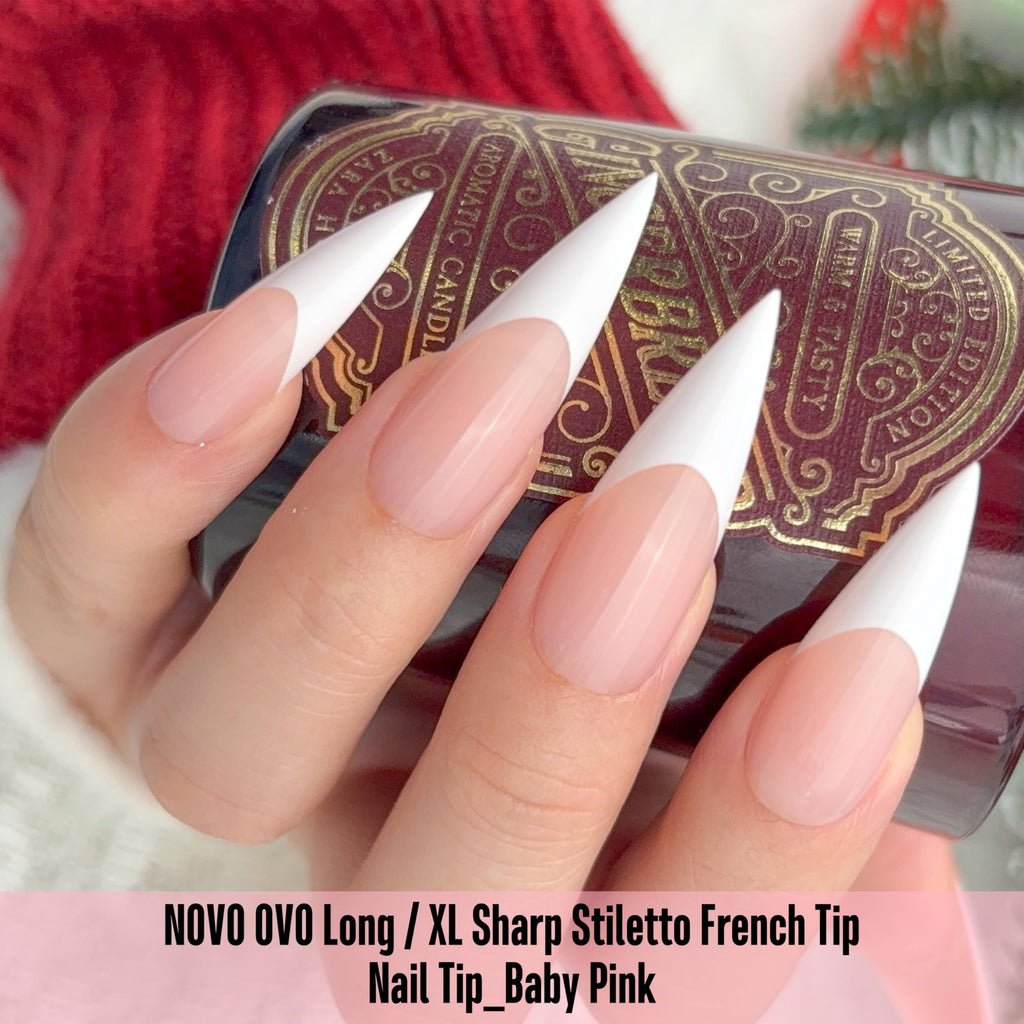 NOVO OVO White French Tip Long XL Sharp Stiletto Nail Tips – Baby Pink Press-On Nails, Soft Gel, 160 pcs, 16 Sizes