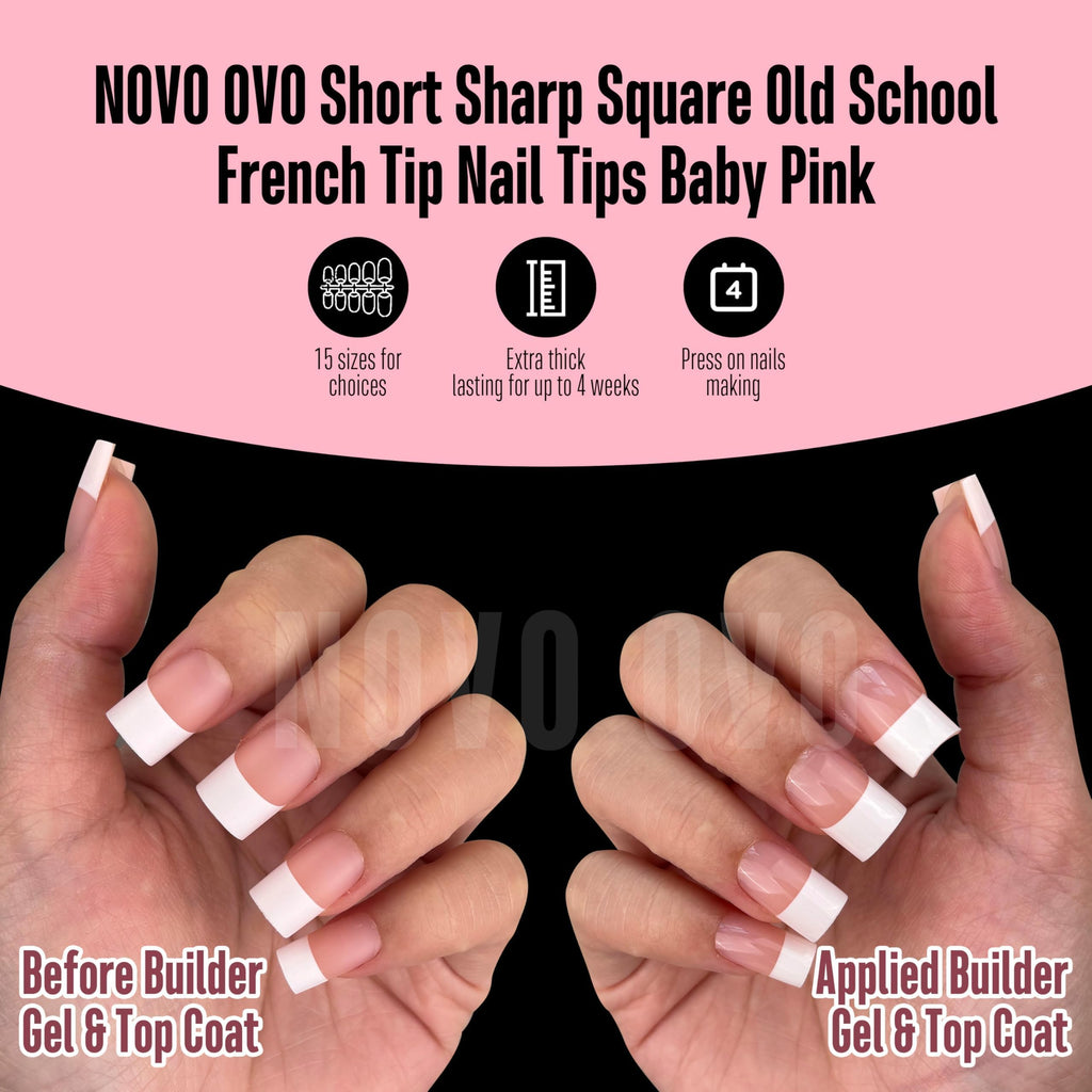 NOVO OVO Old School White French Tip Nail Tips – Baby Pink, 240 pcs, 15 Sizes