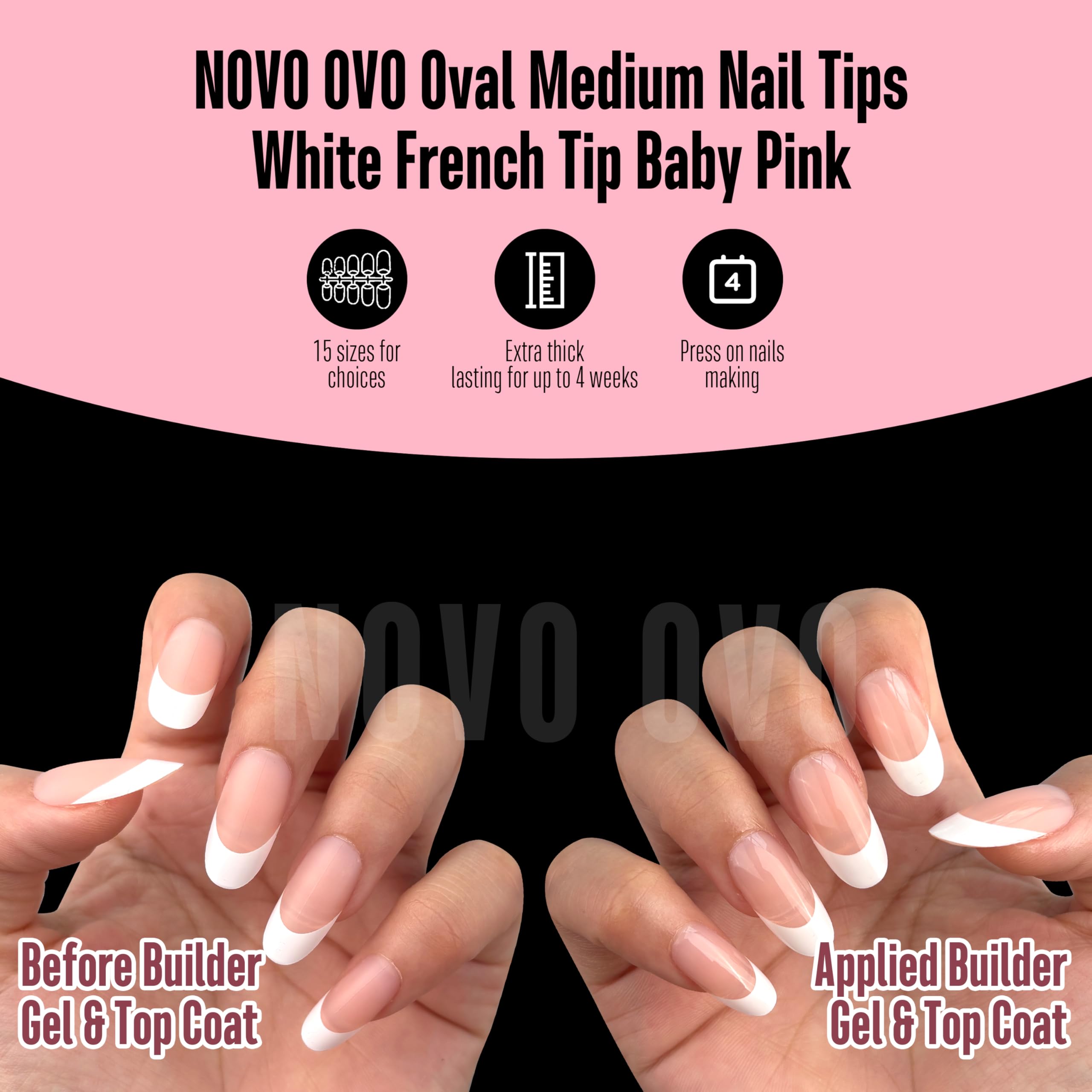 NOVO OVO White French Tip Oval Nail Tips – Baby Pink Press-On, Extra Thick Soft Gel, 240 pcs, 15 Sizes