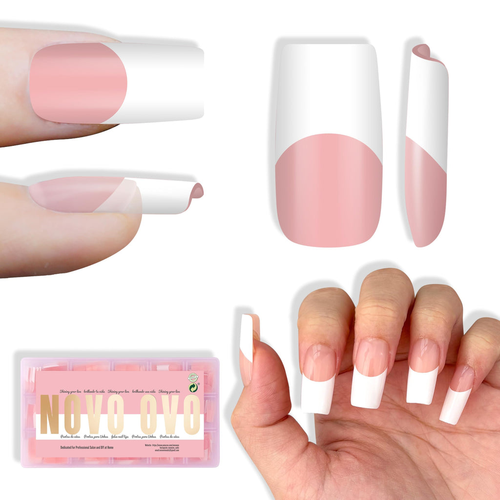 NOVO OVO Old School Wide White French Tip Nails – Press On, Baby Pink, 240 pcs, 15 Sizes