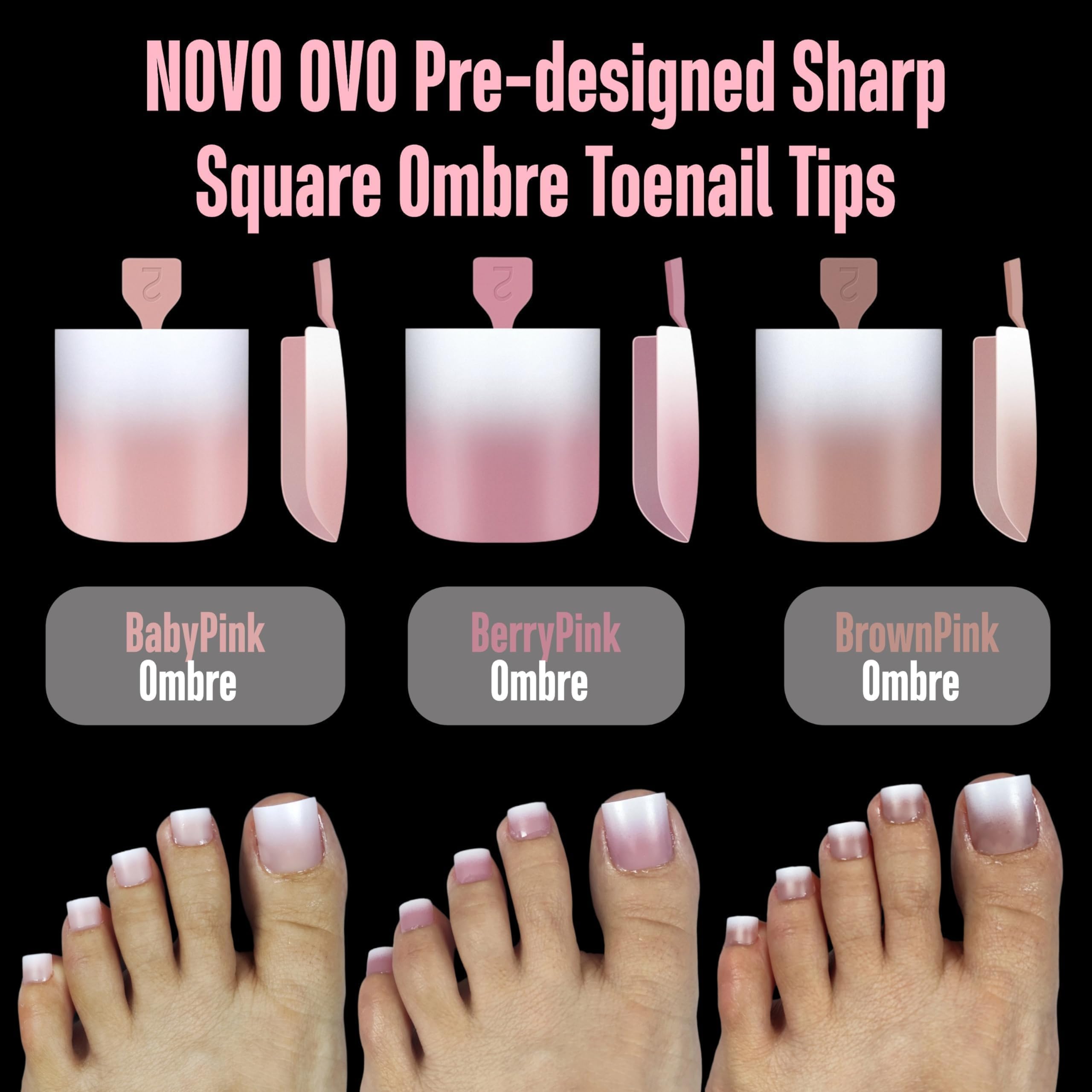NOVO OVO Ombre French Tip Toe Nail Tips – Pre-Designed Soft Gel Press-On, Brown Pink, 240 pcs, 15 Sizes