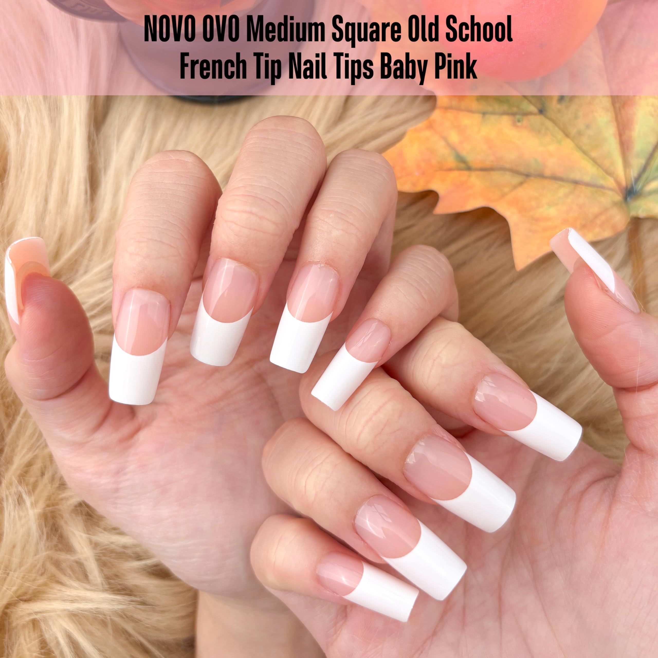NOVO OVO Old School Wide White French Tip Nails – Press On, Baby Pink, 240 pcs, 15 Sizes