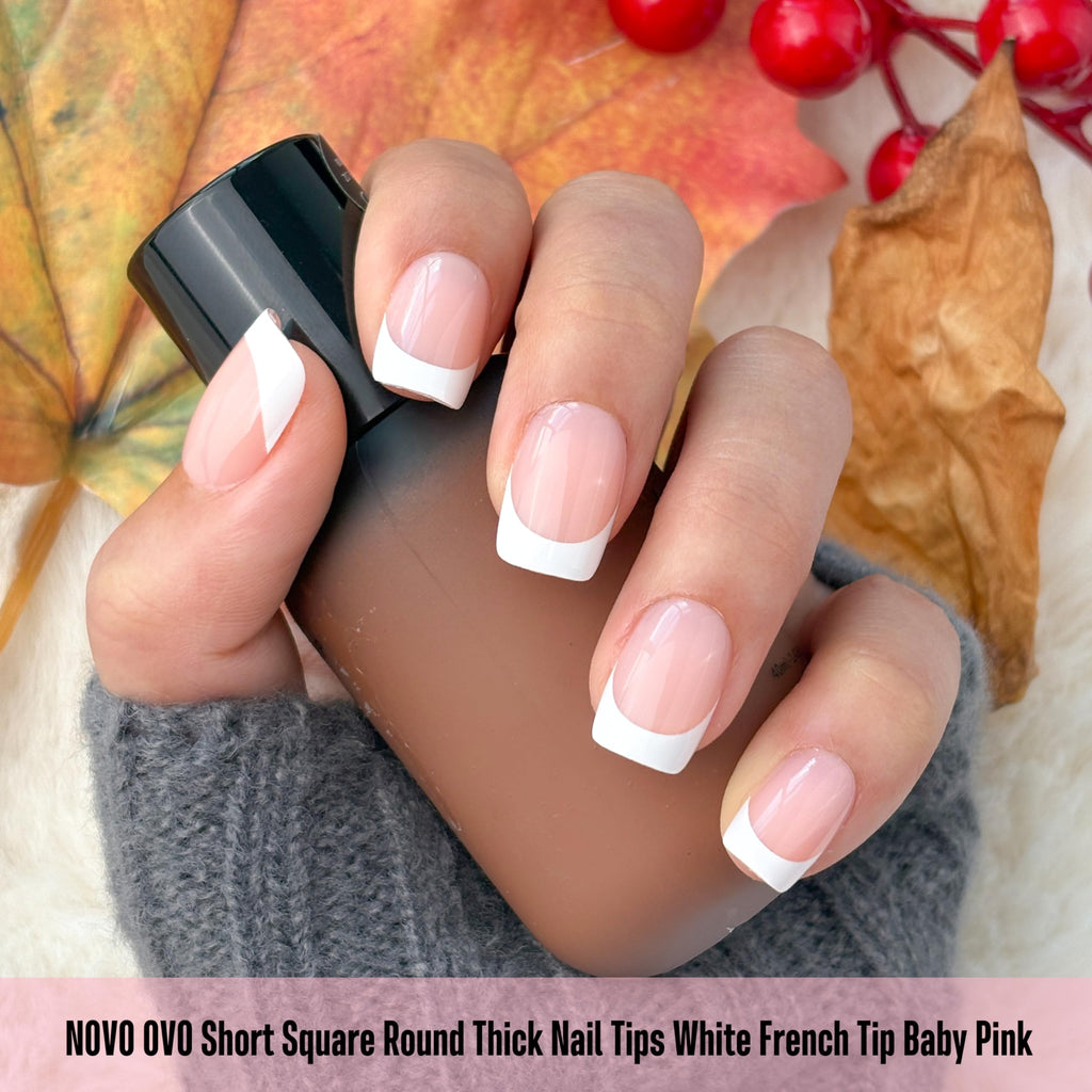 NOVO OVO Short Square Round White French Tip Nail Tips Baby Pink – Extra Thick Full Cover, 240 pcs, 15 Sizes