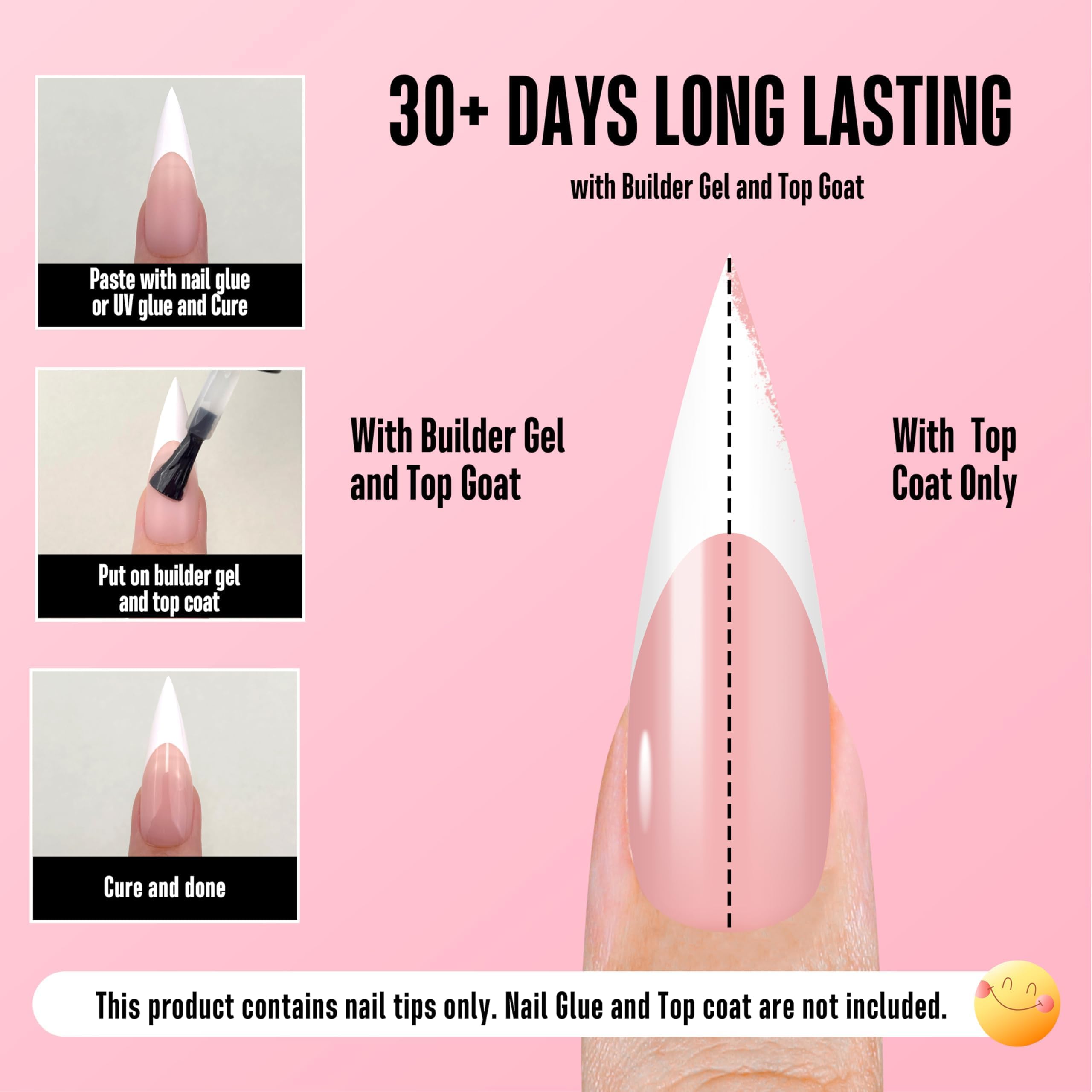 NOVO OVO White French Tip Long XL Sharp Stiletto Nail Tips – Baby Pink Press-On Nails, Soft Gel, 160 pcs, 16 Sizes