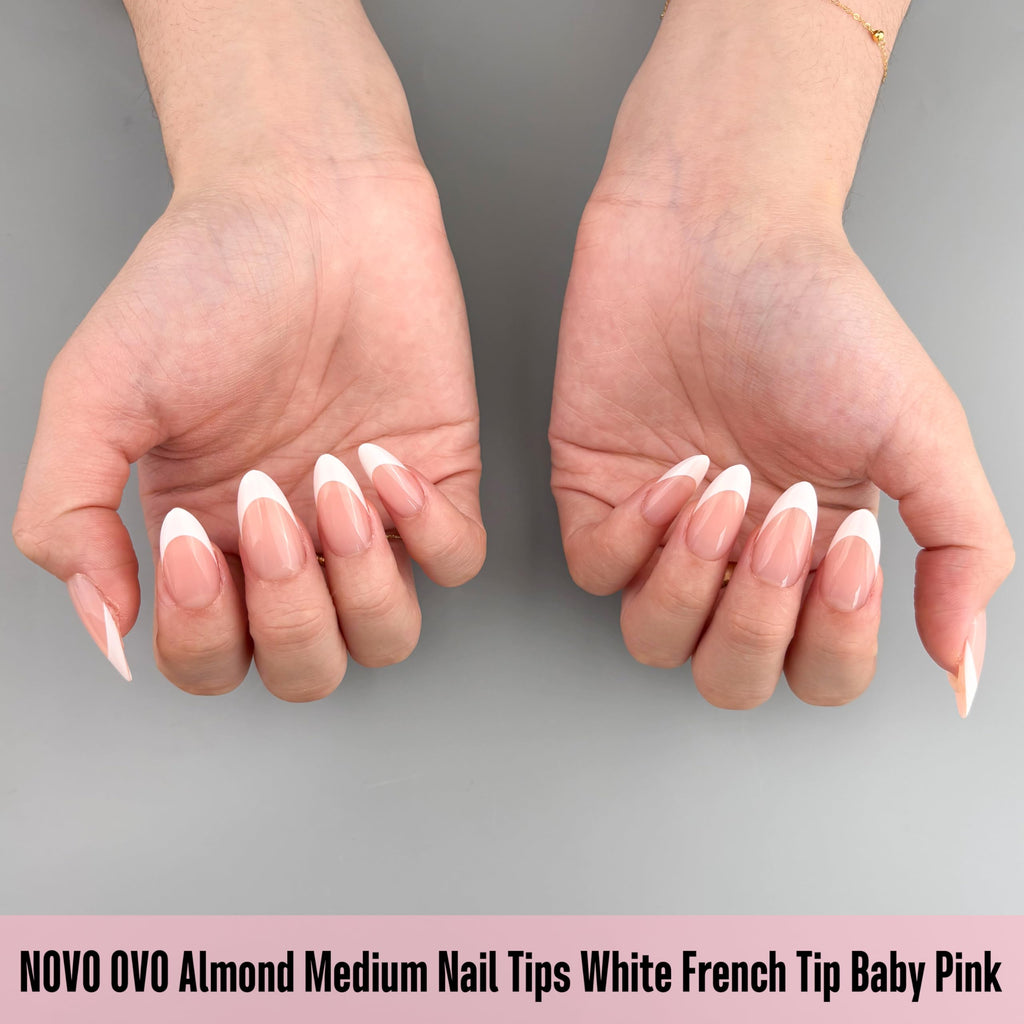 NOVO OVO White French Tip Almond Nails – Baby Pink Press On Tips, Extra Thick Soft Gel, 240 pcs, 15 Sizes