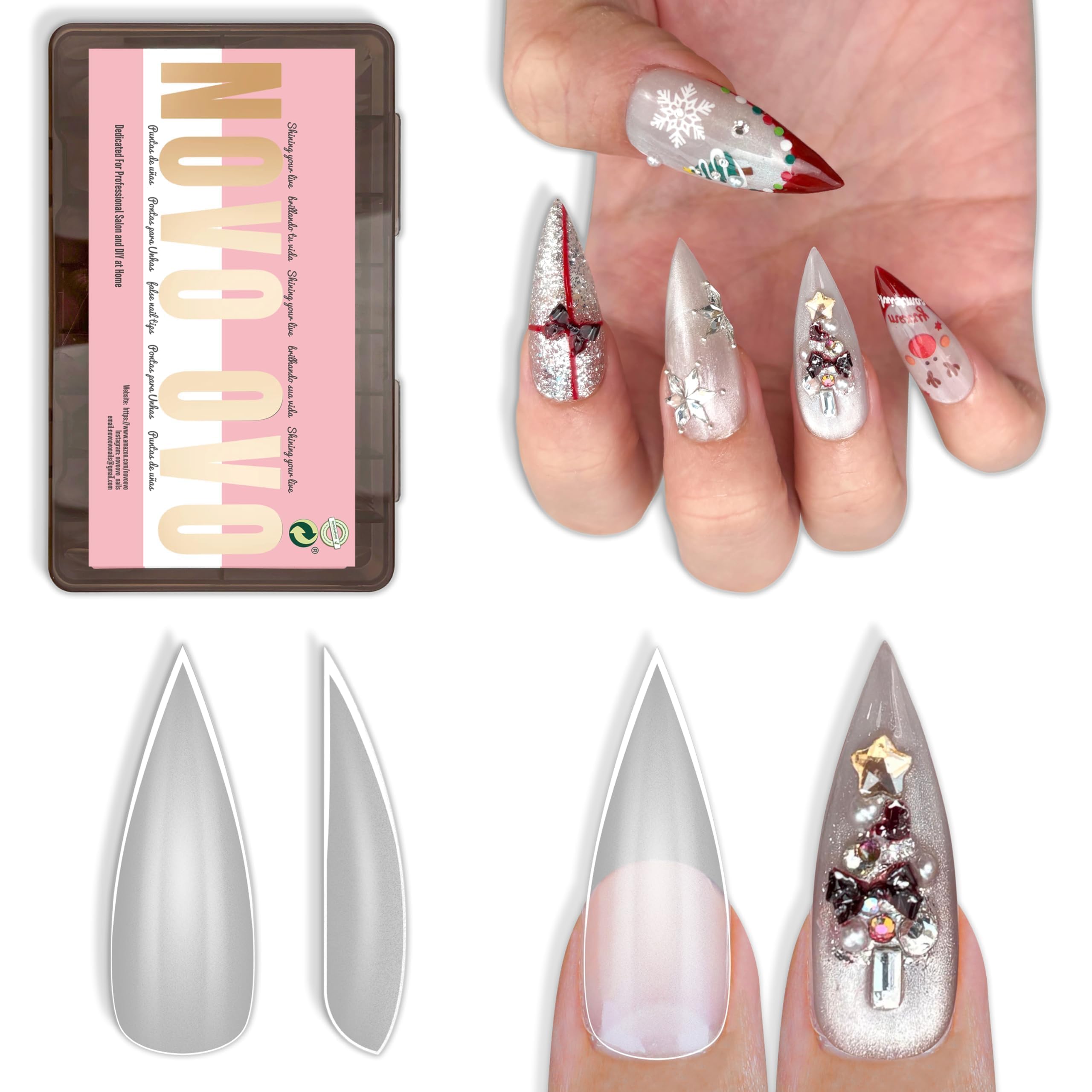 NOVO OVO Sharp Stiletto Nail Tips — Soft Gel, Full-Cover, 224 pcs, 16 Sizes