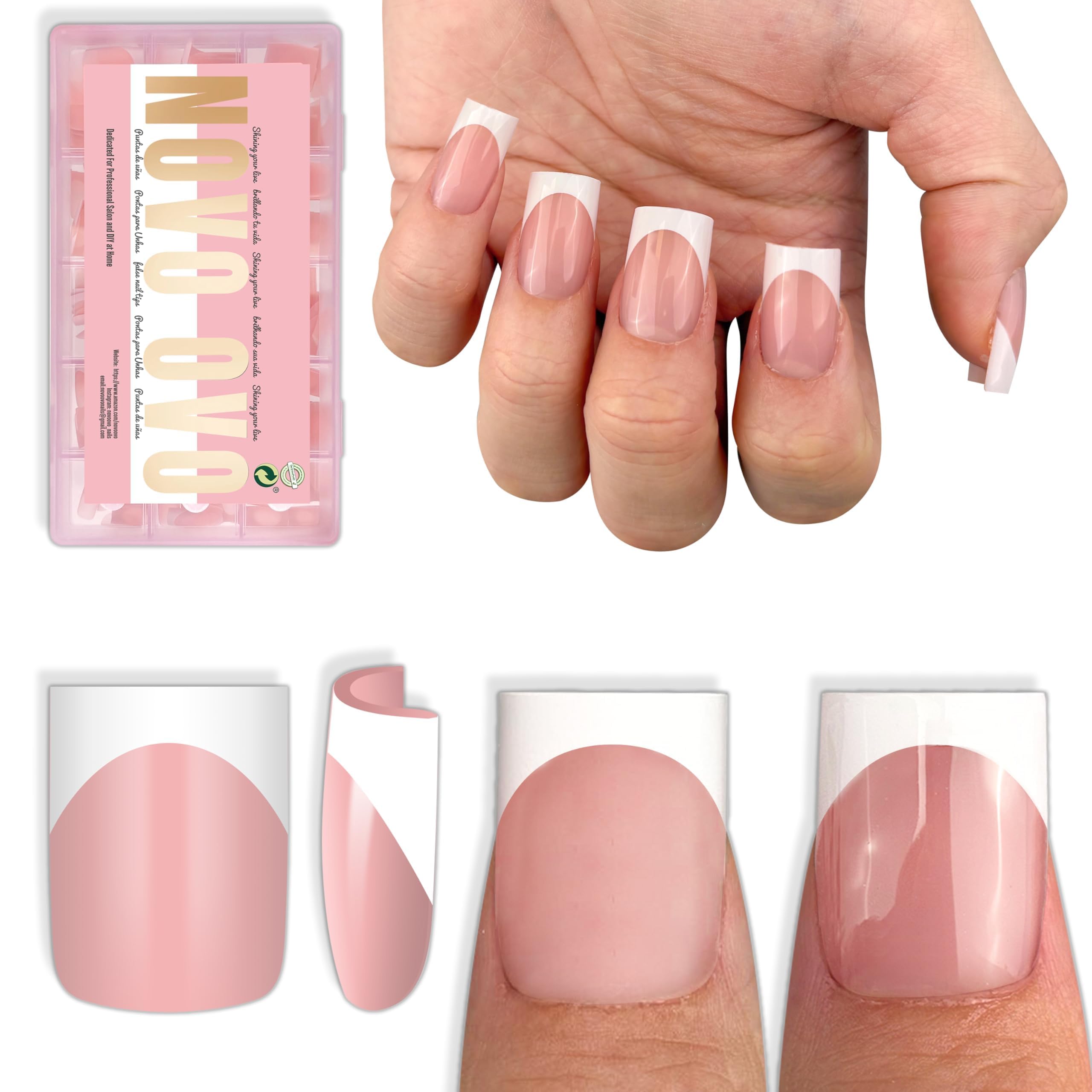 NOVO OVO Short Sharp Square White French Tip Nail Tips – Baby Pink Press-On, 240 pcs, 15 Sizes
