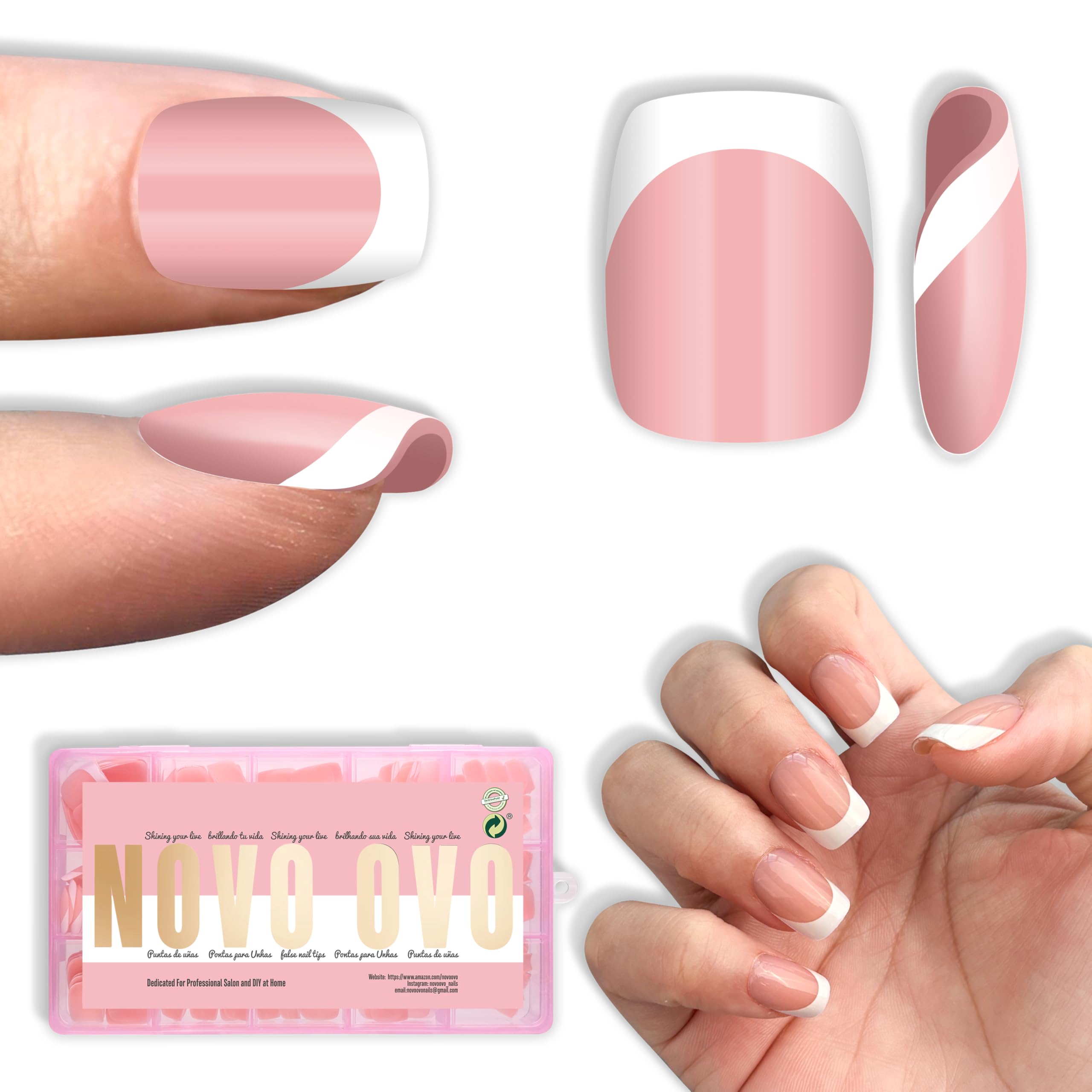 NOVO OVO Short Square Round White French Tip Nail Tips Baby Pink – Extra Thick Full Cover, 240 pcs, 15 Sizes