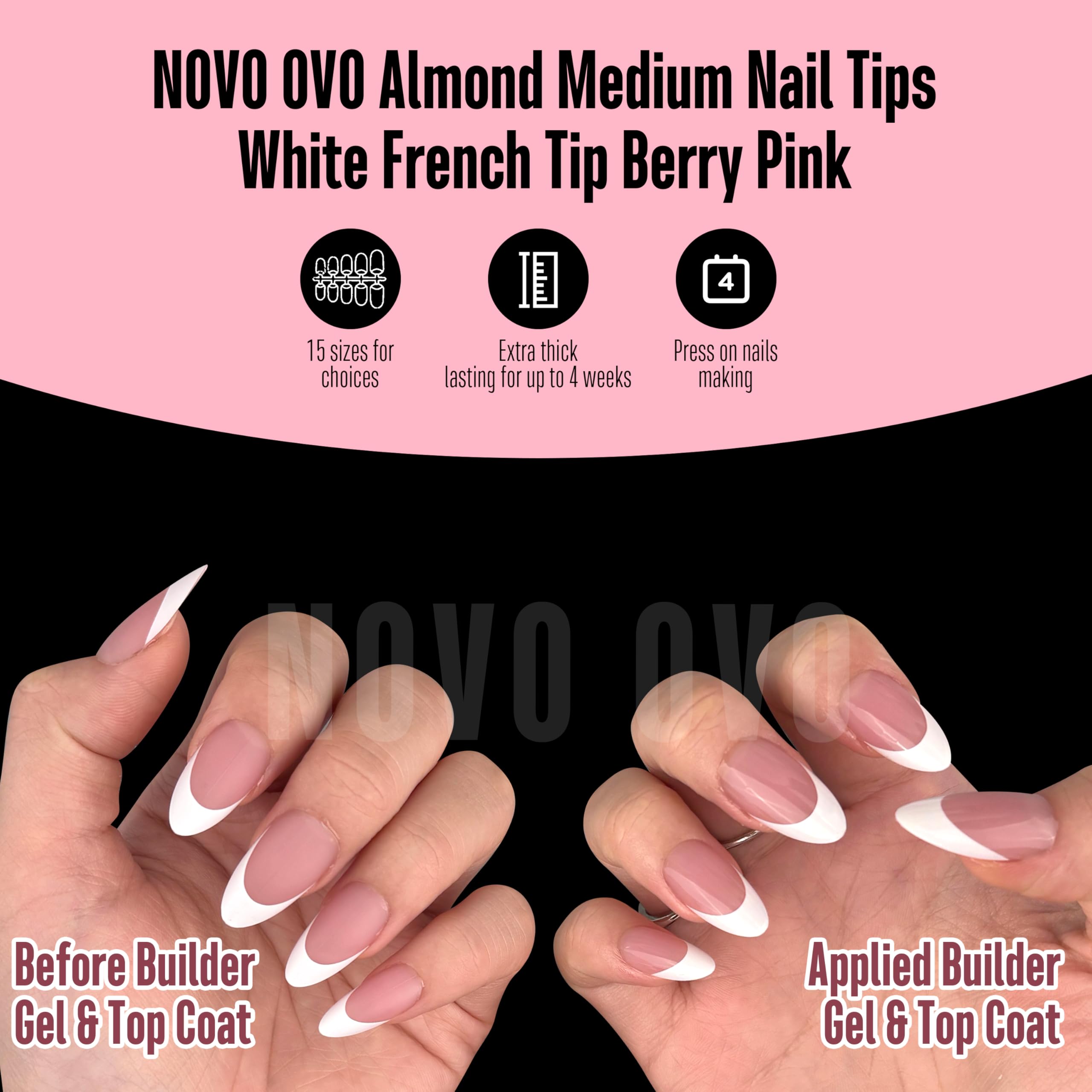NOVO OVO White French Tip Almond Nail Tips Berry Pink – 240 pcs, 15 Sizes