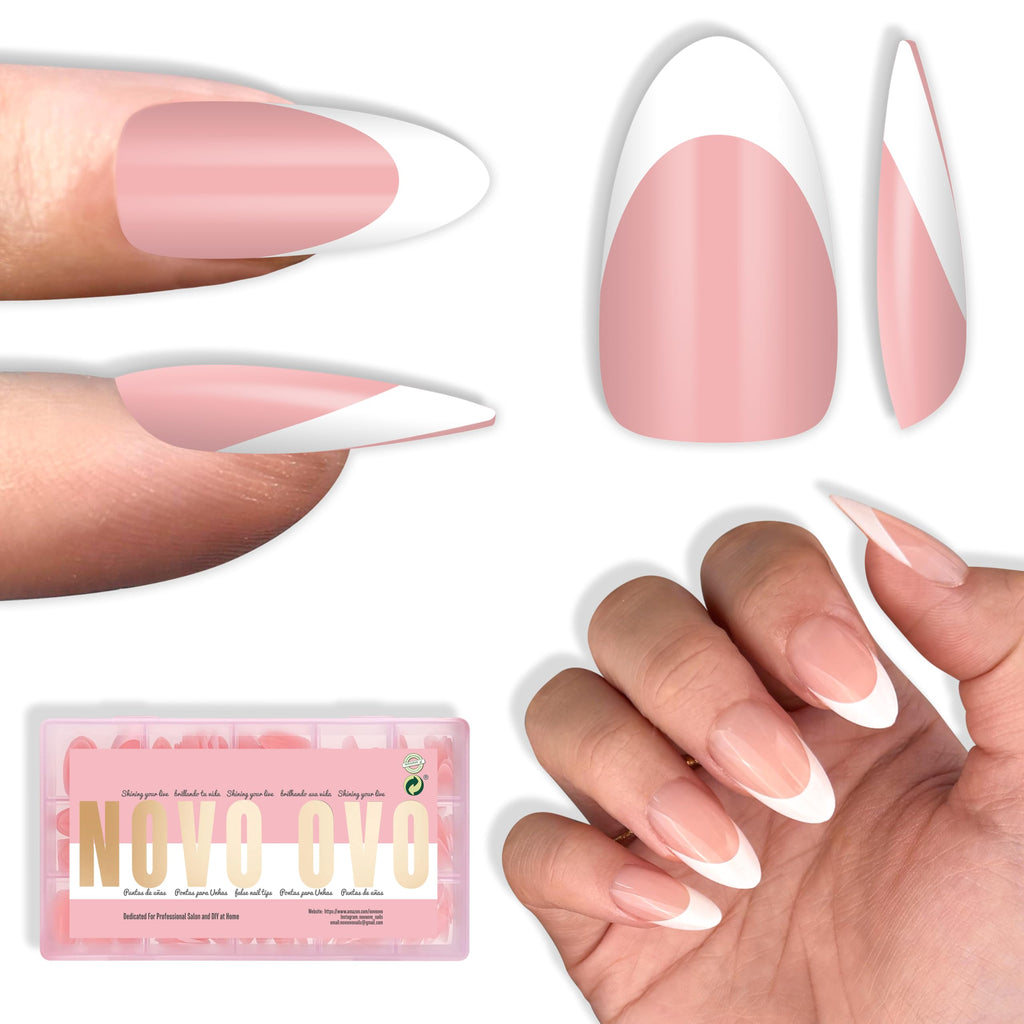 NOVO OVO White French Tip Almond Nails – Baby Pink Press On Tips, Extra Thick Soft Gel, 240 pcs, 15 Sizes