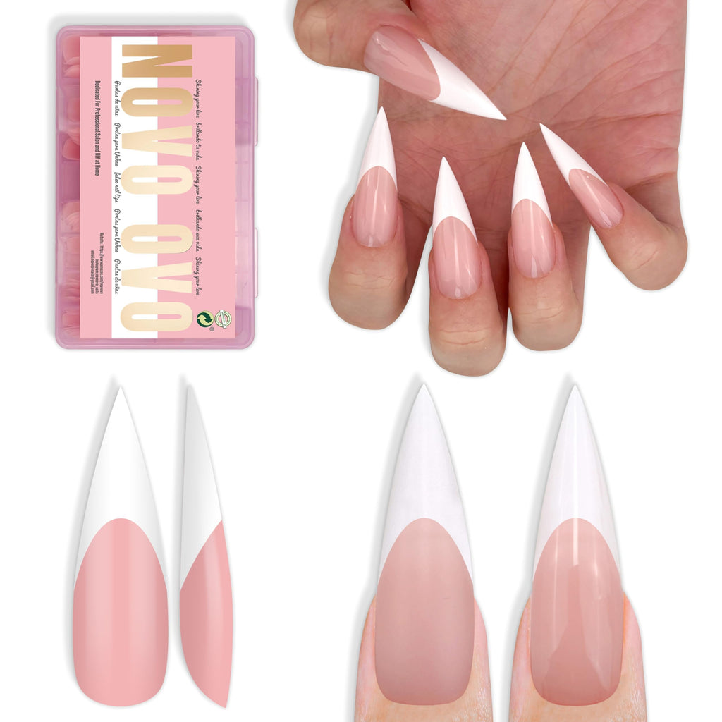 NOVO OVO White French Tip Long XL Sharp Stiletto Nail Tips – Baby Pink Press-On Nails, Soft Gel, 160 pcs, 16 Sizes