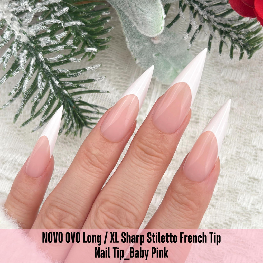 NOVO OVO White French Tip Long XL Sharp Stiletto Nail Tips – Baby Pink Press-On Nails, Soft Gel, 160 pcs, 16 Sizes