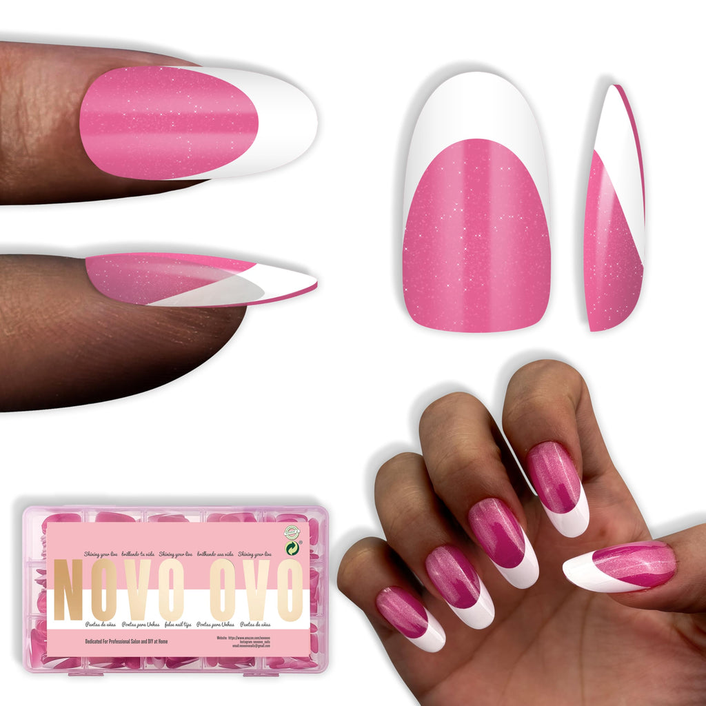 NOVO OVO White French Tip Oval Nail Tips – Rose Pink, Extra Thick Soft Gel, 15 Sizes, 240 pcs (No Glue Included)