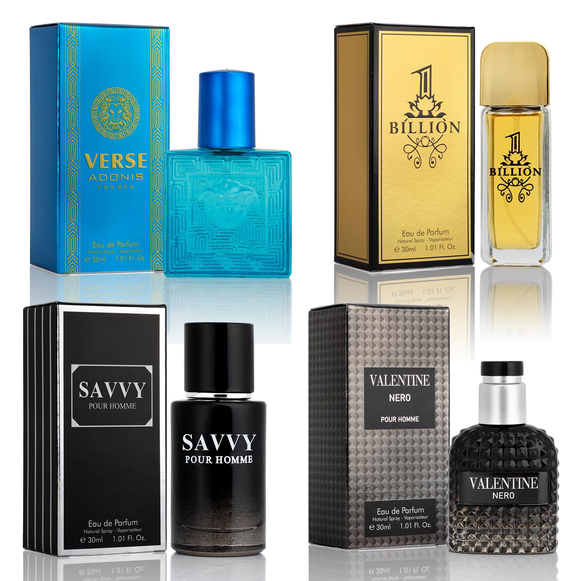 NovoGlow Signature Scent 4-Piece Mini Fragrance Set for Men – Verse Adonis, Valentine Nero, Savvy & 1 Billion (30ml Each)