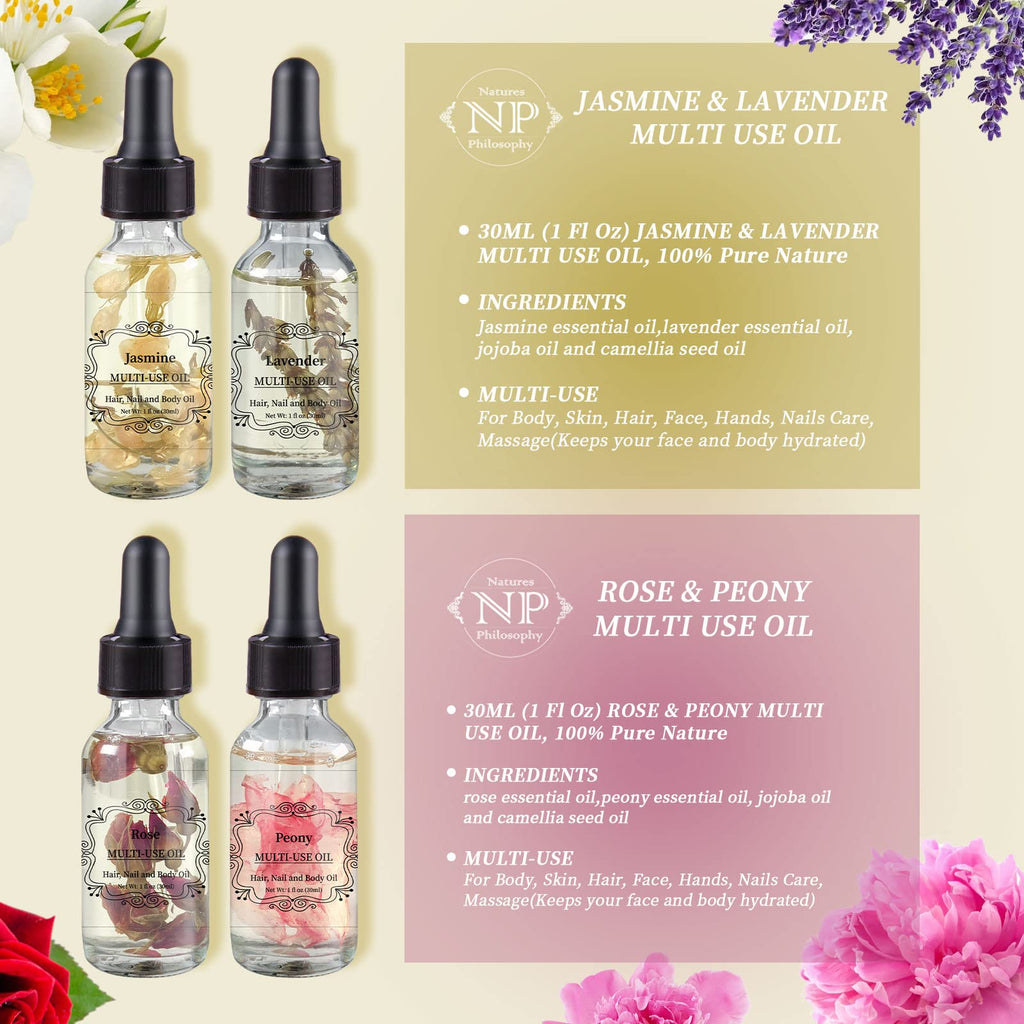 NP NATURES PHILOSOPHY Rose Jasmine Peony Lavender Multi-Use Body Oil - 4x30ml Pack