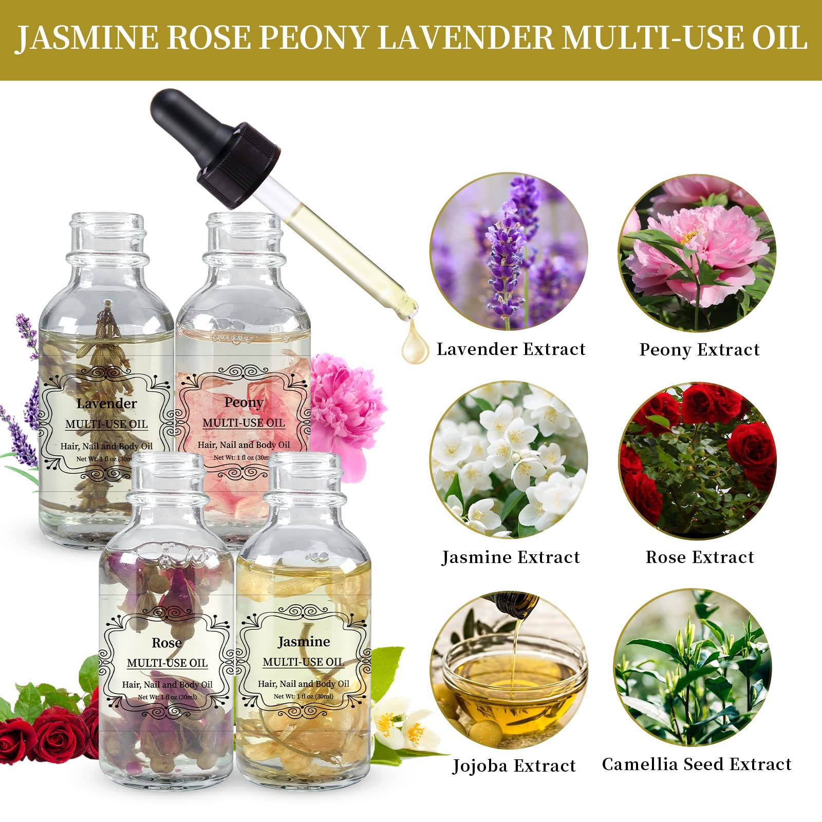 NP NATURES PHILOSOPHY Rose Jasmine Peony Lavender Multi-Use Body Oil - 4x30ml Pack