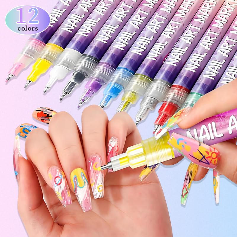 NRAEC 12 Colors Nail Art Pens Set – 0.5mm Fine Tip, Quick-Dry & Waterproof