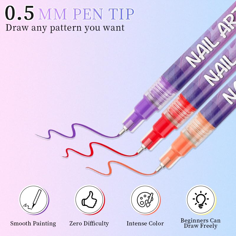 NRAEC 12 Colors Nail Art Pens Set – 0.5mm Fine Tip, Quick-Dry & Waterproof