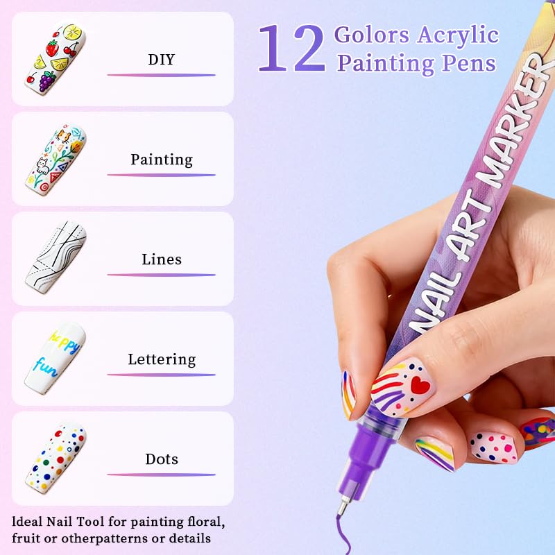 NRAEC 12 Colors Nail Art Pens Set – 0.5mm Fine Tip, Quick-Dry & Waterproof