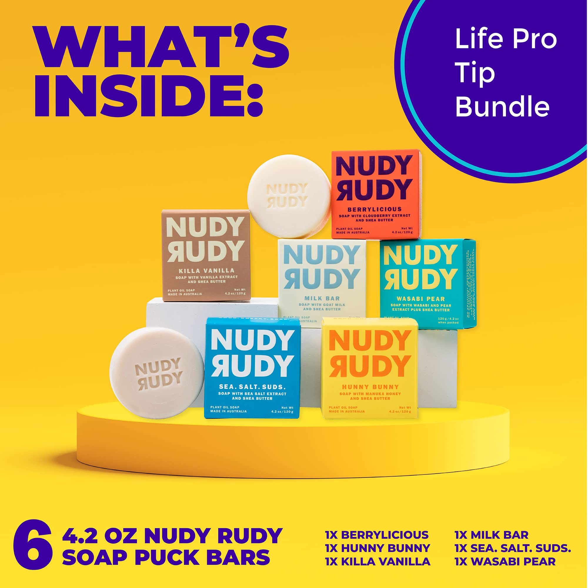 Nudy Rudy Variety Pack: 6 Shea Butter Soap Bars – Made in Australia | Gift Set for Men & Women
