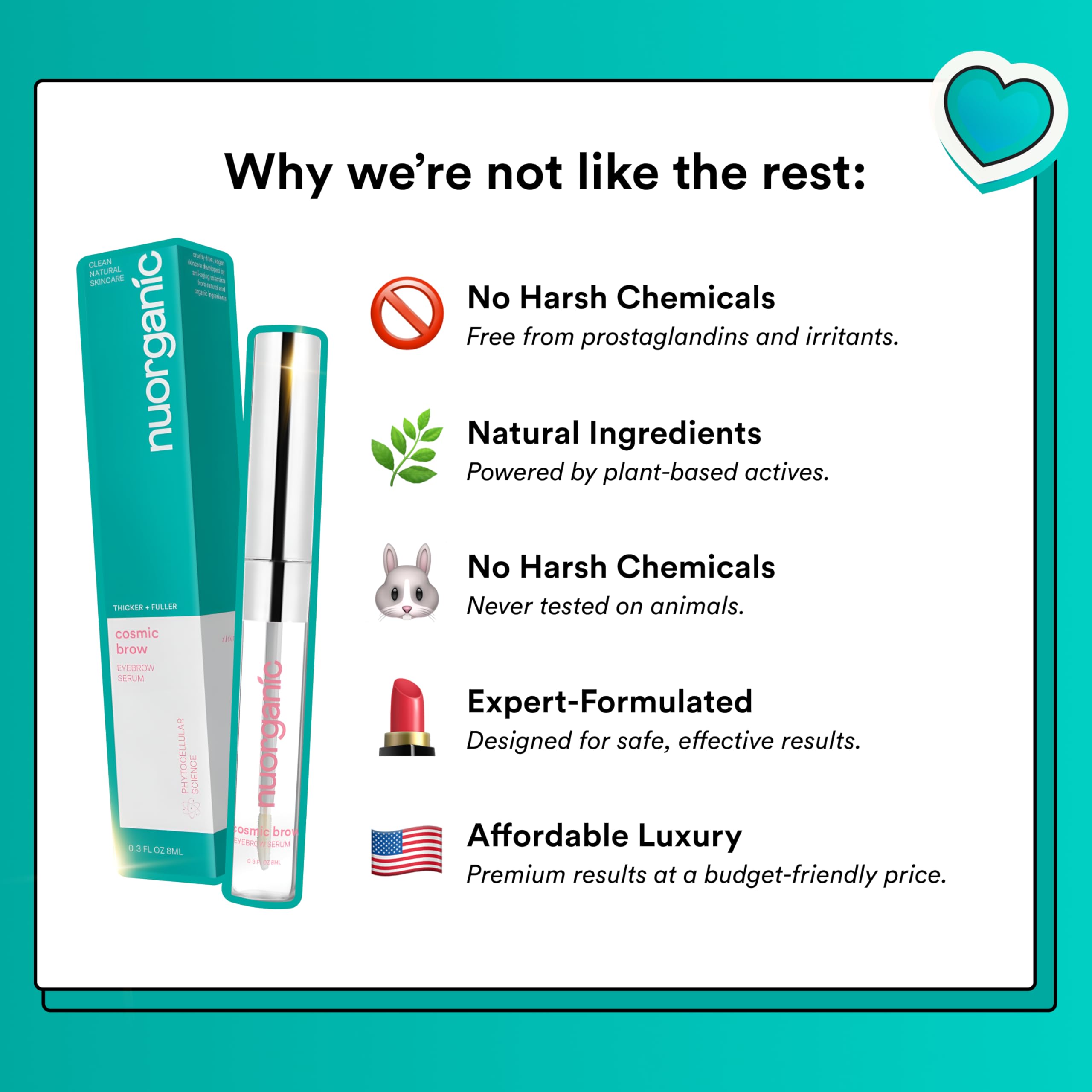 NuOrganic Cosmic Brow Serum – Growth for Thicker, Longer, Defined Brows | Cruelty-Free, Made in USA | XL 4-Month Supply