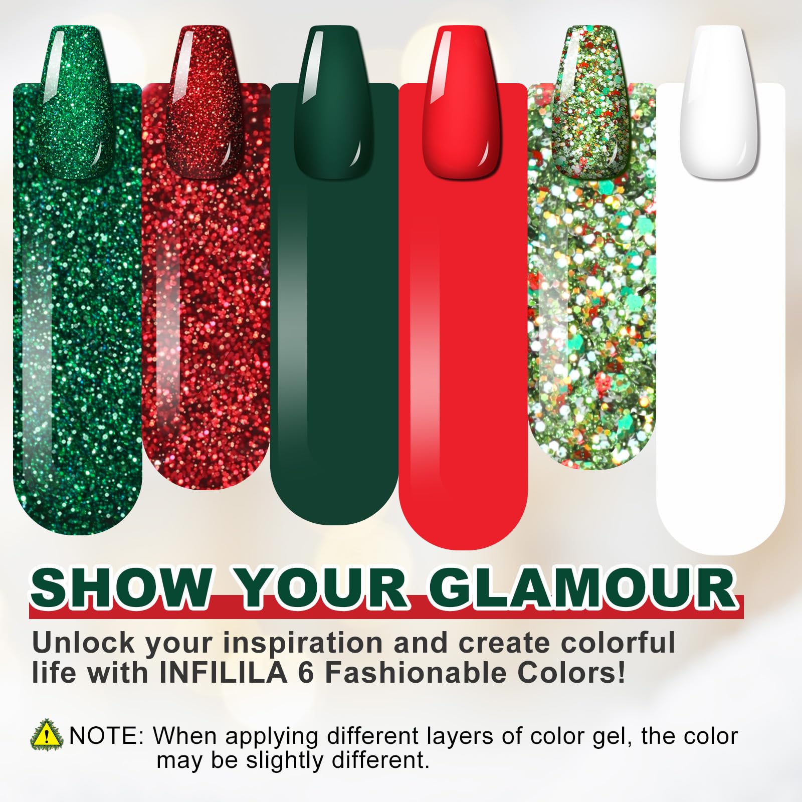 NXJ INFILILA Christmas Gel Nail Polish Set – 6 Colors (Sparkle Green, Sparkle Red, Red, Green, White, Mixed Glitter)