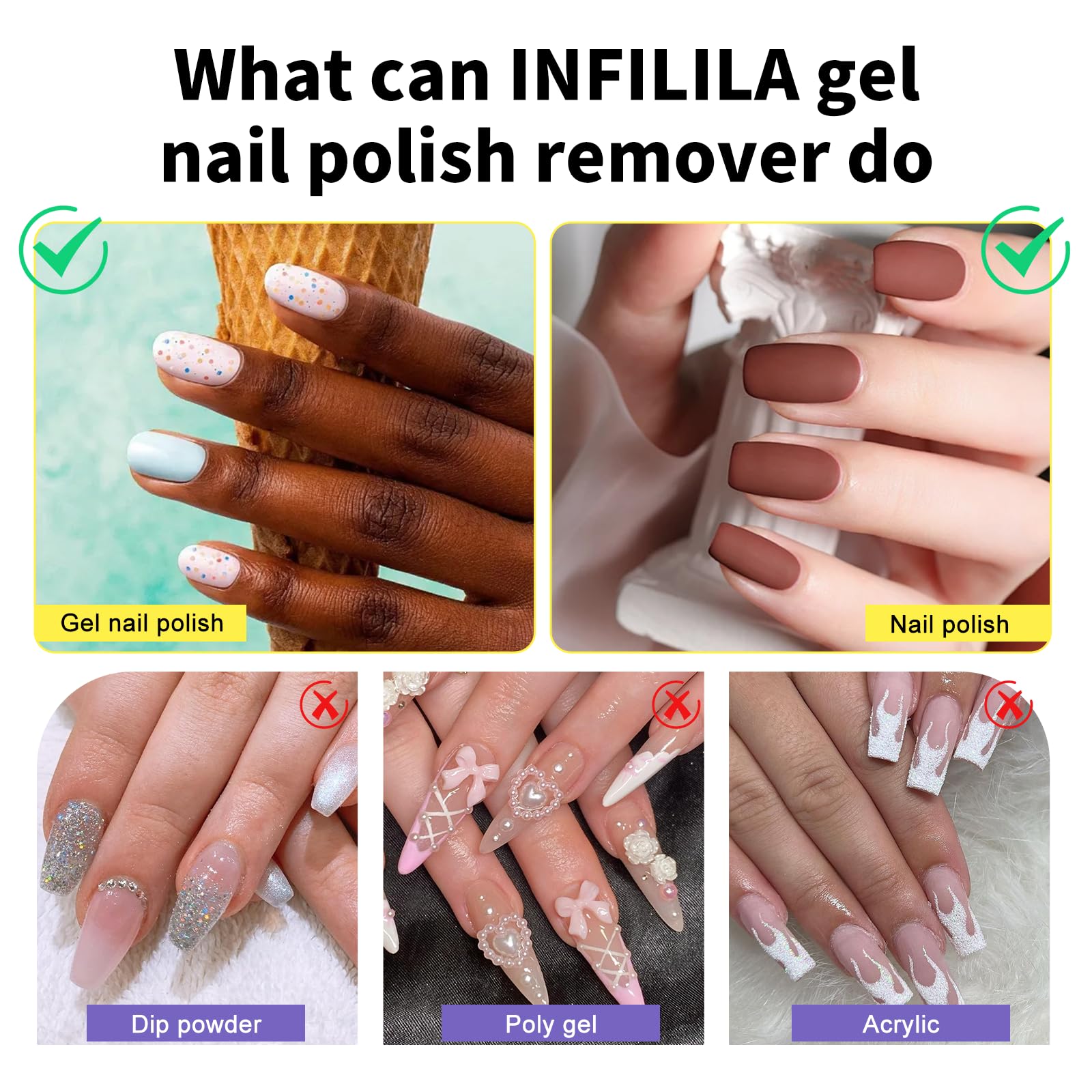 NXJ INFILILA Gel Nail Polish Remover Kit – 5-in-1, Acetone-Free, No Soak, Liquid Latex Barrier