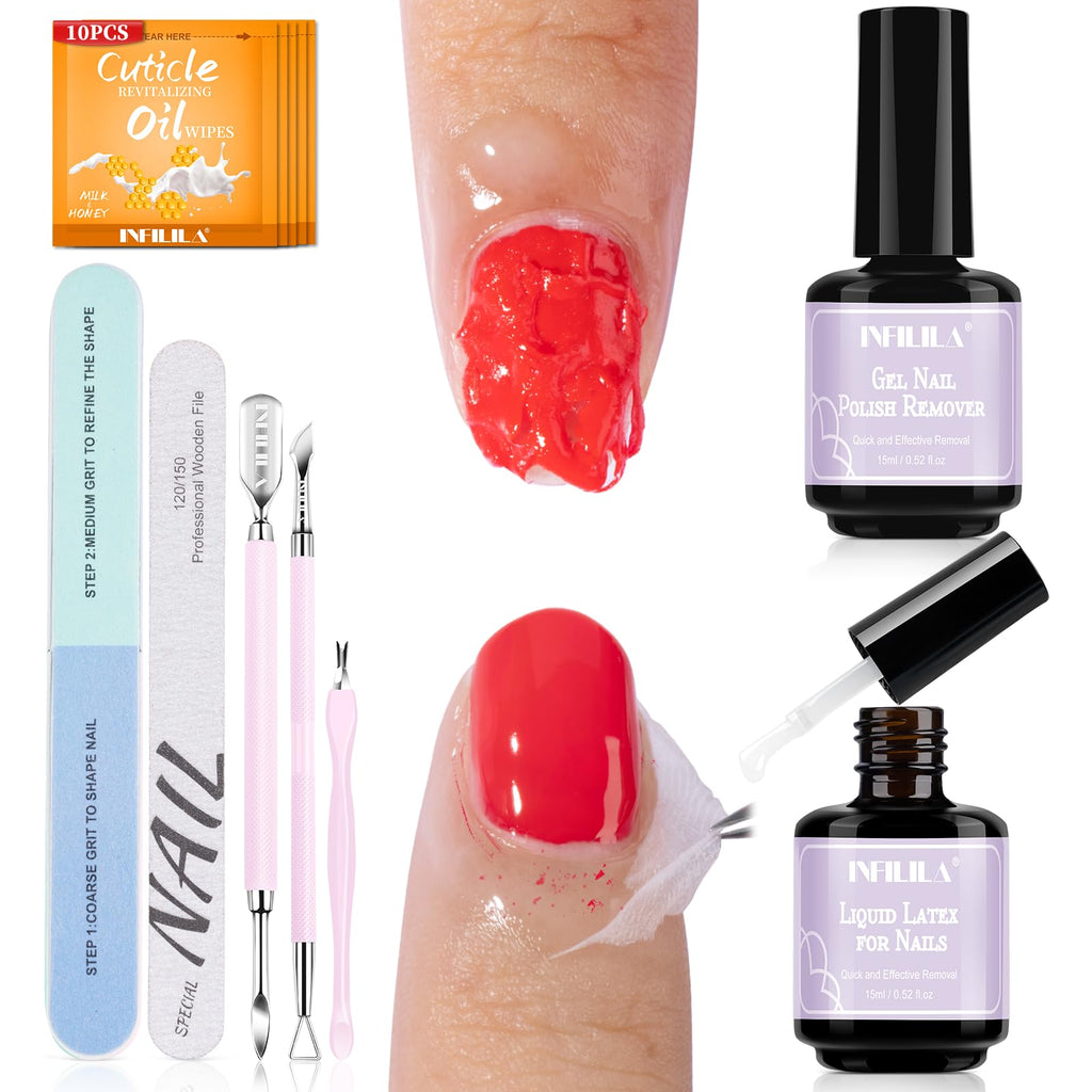 NXJ INFILILA Gel Nail Polish Remover Kit – 5-in-1, Acetone-Free, No Soak, Liquid Latex Barrier