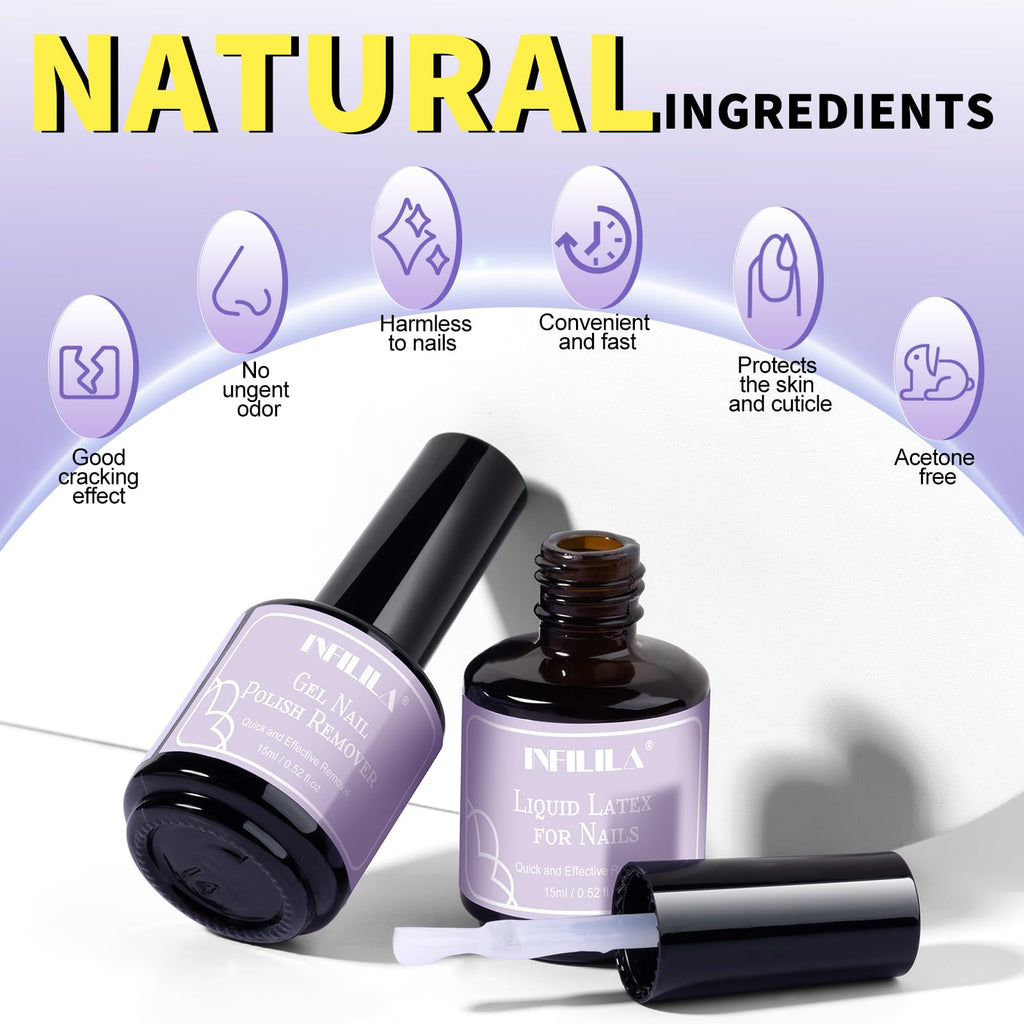 NXJ INFILILA Gel Nail Polish Remover Kit – 5-in-1, Acetone-Free, No Soak, Liquid Latex Barrier