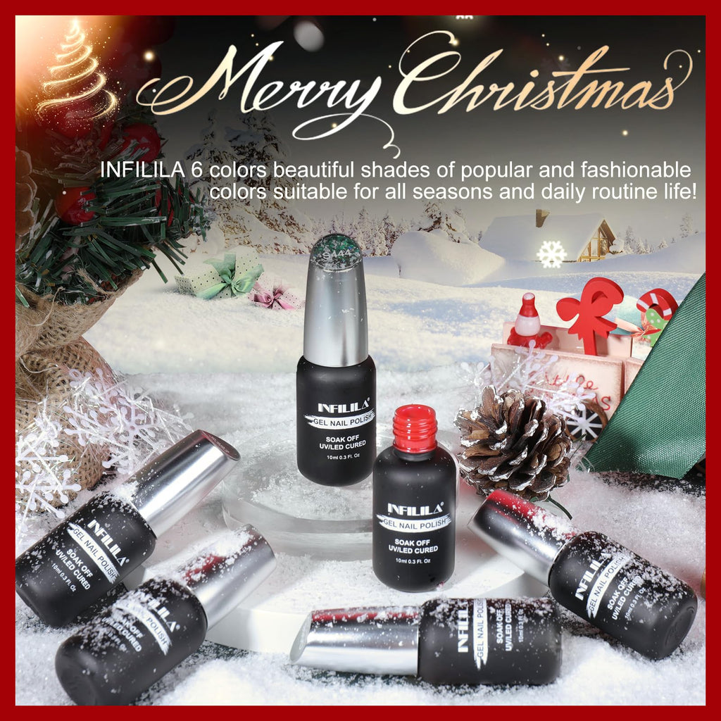 NXJ INFILILA Christmas Gel Nail Polish Set – 6 Colors (Sparkle Green, Sparkle Red, Red, Green, White, Mixed Glitter)
