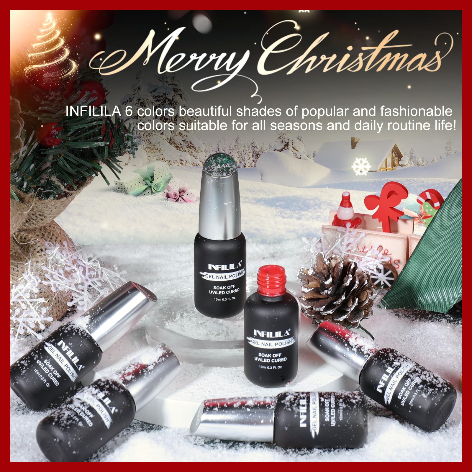 NXJ INFILILA Christmas Gel Nail Polish Set – 6 Colors (Sparkle Green, Sparkle Red, Red, Green, White, Mixed Glitter)