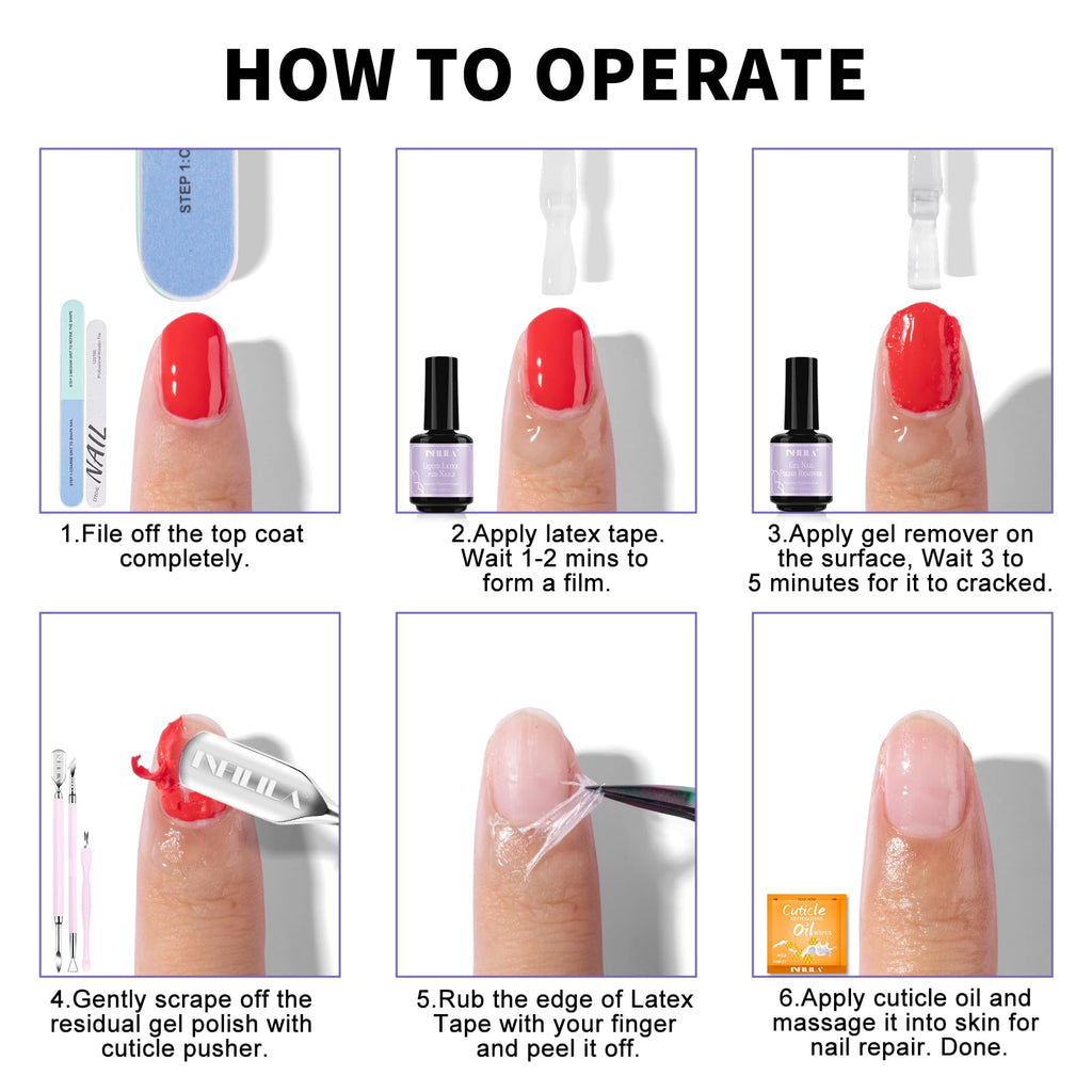 NXJ INFILILA Gel Nail Polish Remover Kit – 5-in-1, Acetone-Free, No Soak, Liquid Latex Barrier