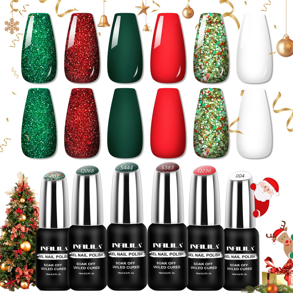 NXJ INFILILA Christmas Gel Nail Polish Set – 6 Colors (Sparkle Green, Sparkle Red, Red, Green, White, Mixed Glitter)