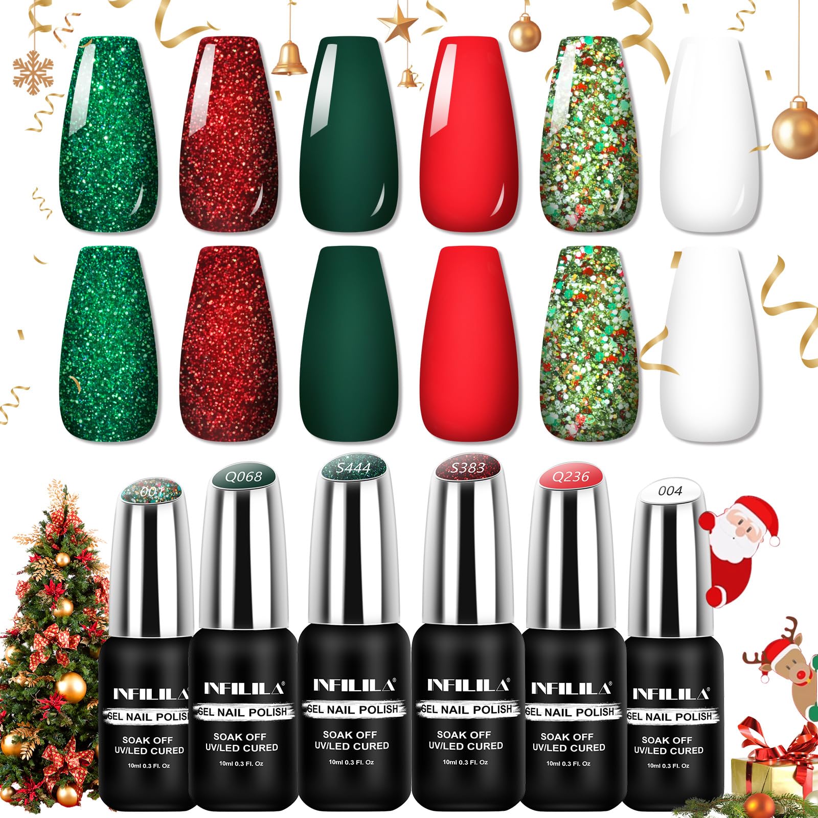 NXJ INFILILA Christmas Gel Nail Polish Set – 6 Colors (Sparkle Green, Sparkle Red, Red, Green, White, Mixed Glitter)