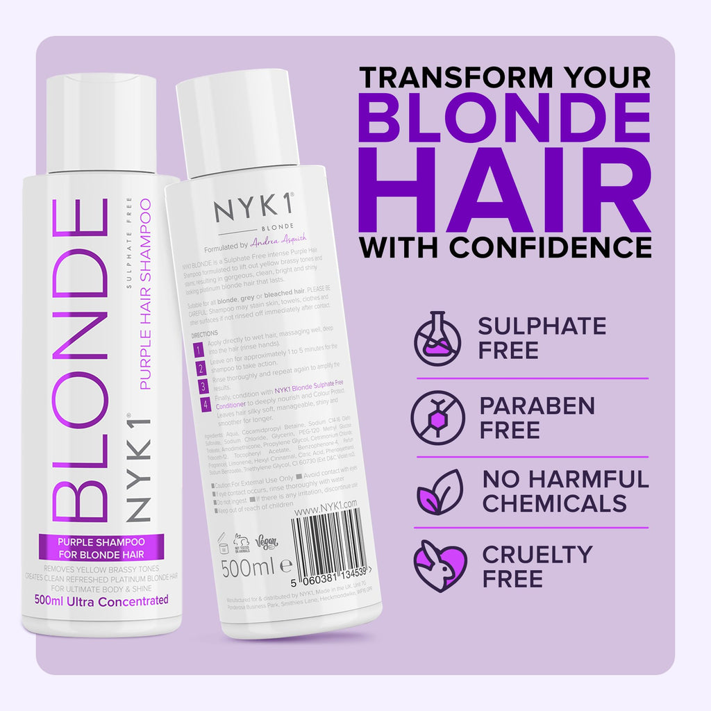 NYK1 500ml Purple Shampoo for Blonde & Grey Hair – Sulfate Free, Brassy Tone Neutralizer