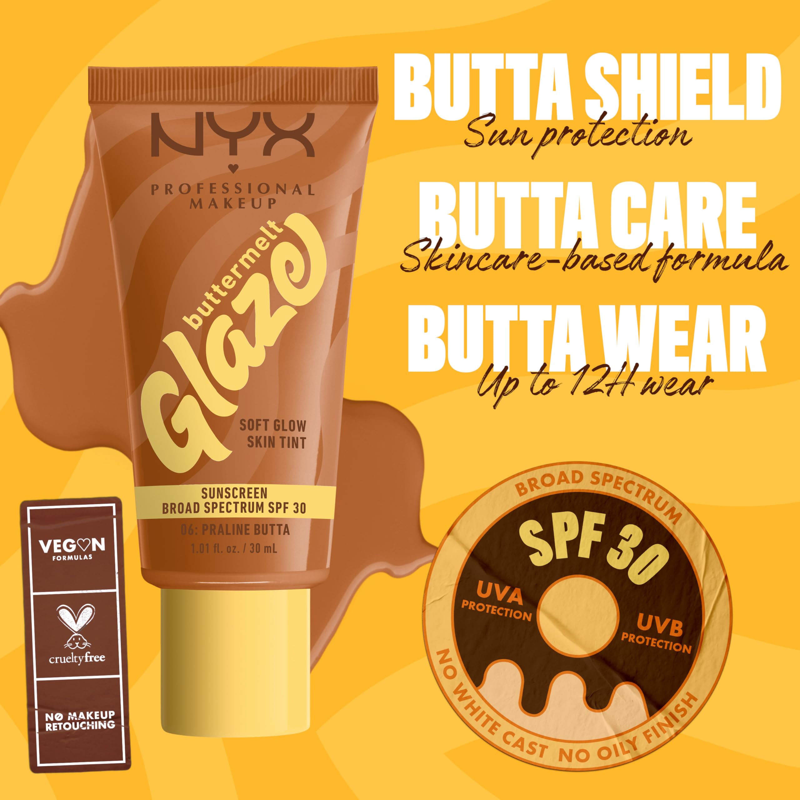 NYX PROFESSIONAL MAKEUP Buttermelt Glaze SPF 30 Skin Tint – 12HR Wear (Praline Butta)